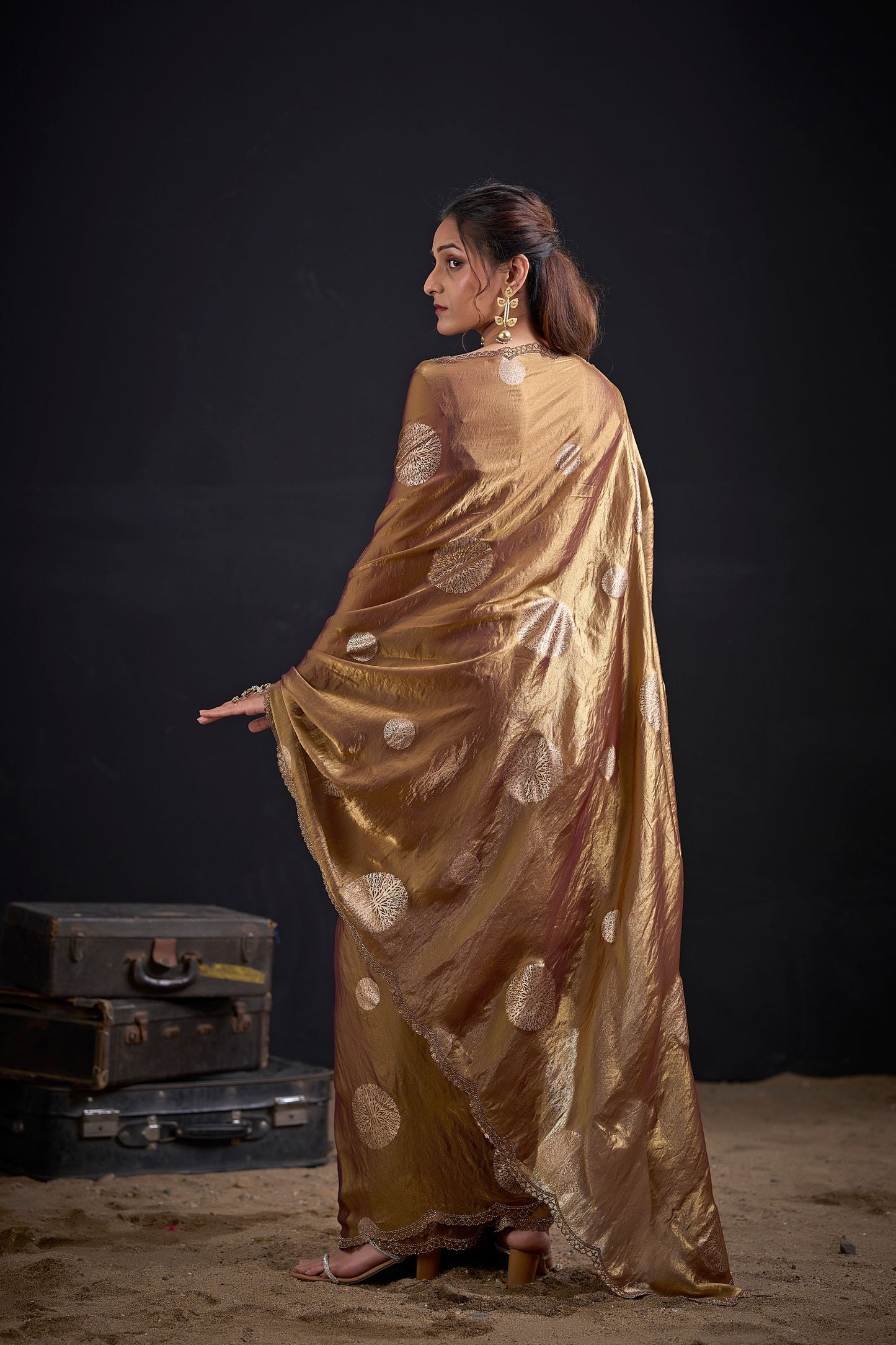 Bronze Gold Tissue Silk Saree with Zari Polka Butti Work