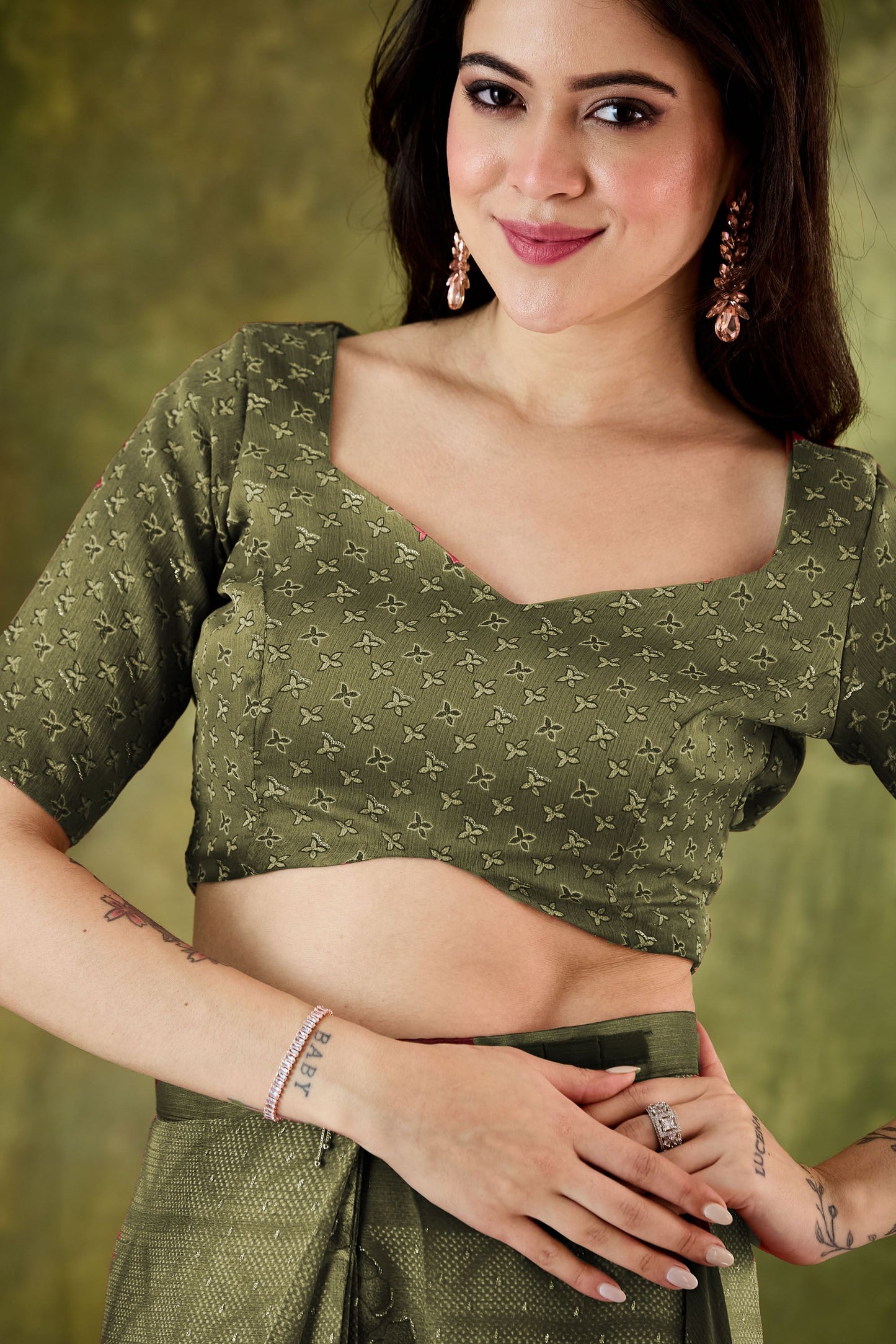 Olive Green Embroidered Designer Saree with Matching Blouse