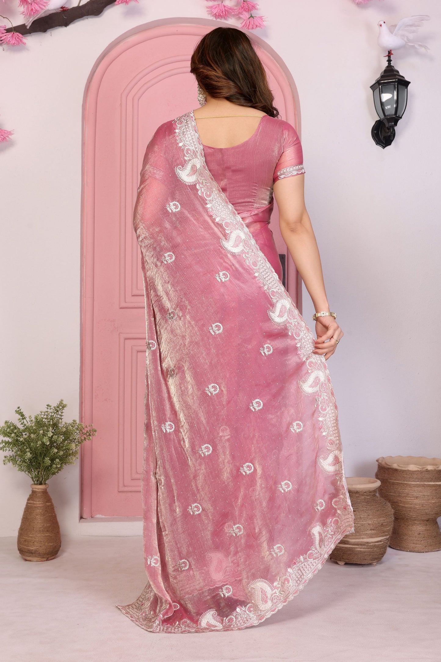 Designer Pink Embroidered Saree with Blouse Party Wear