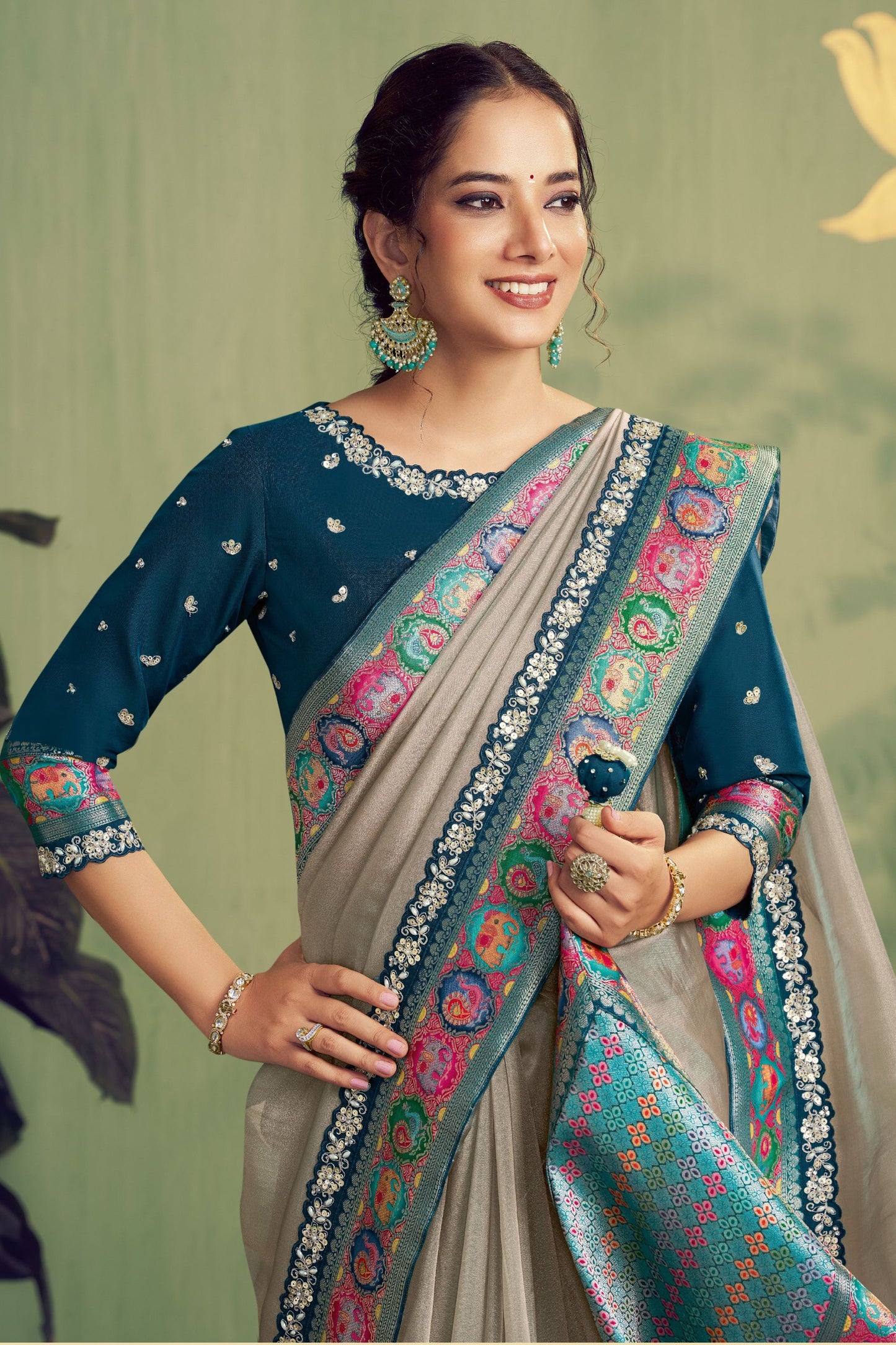 Grey Rangkat Woven Upada Silk Saree with Multicolor Embroidered Border