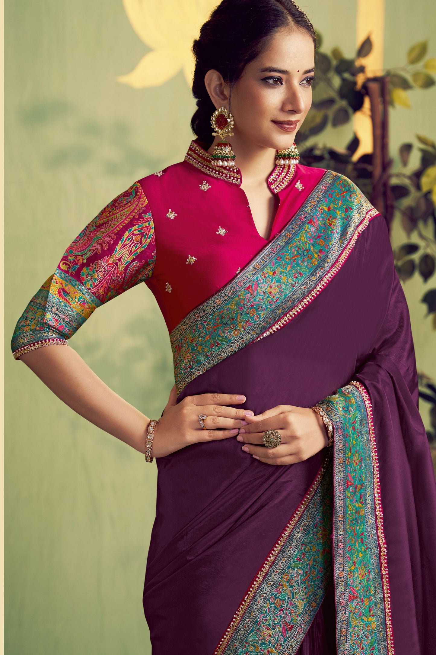 Wine Purple Woven Silk Saree with Multicolor Designer Pallu