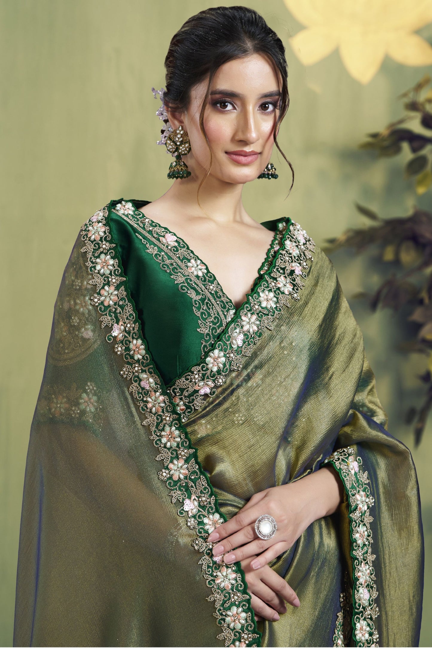 Olive Green Silk Saree with Floral Embroidered Border Designer Blouse