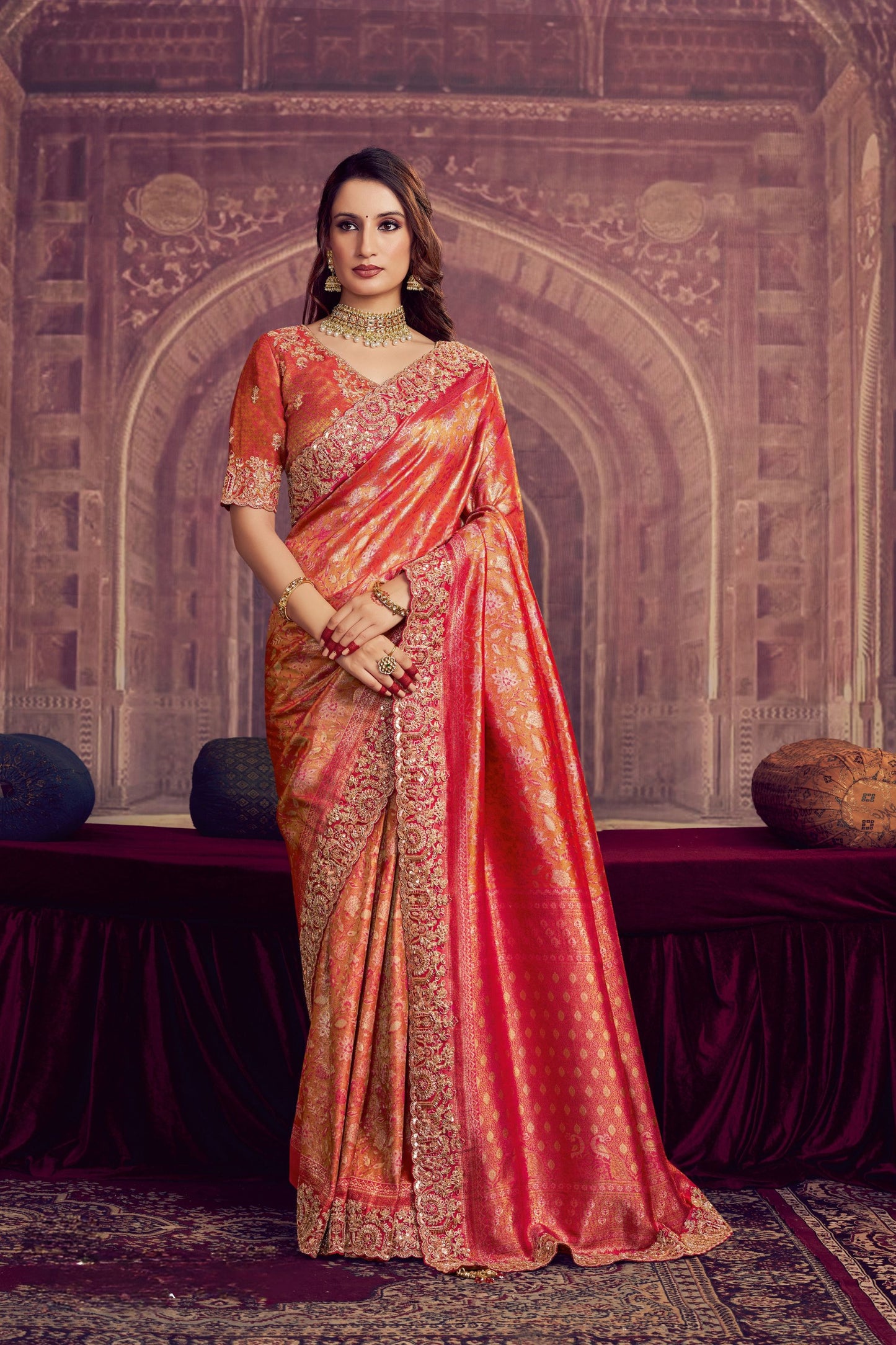 Designer Orange Banarasi Silk Saree with Heavy Rich Pallu