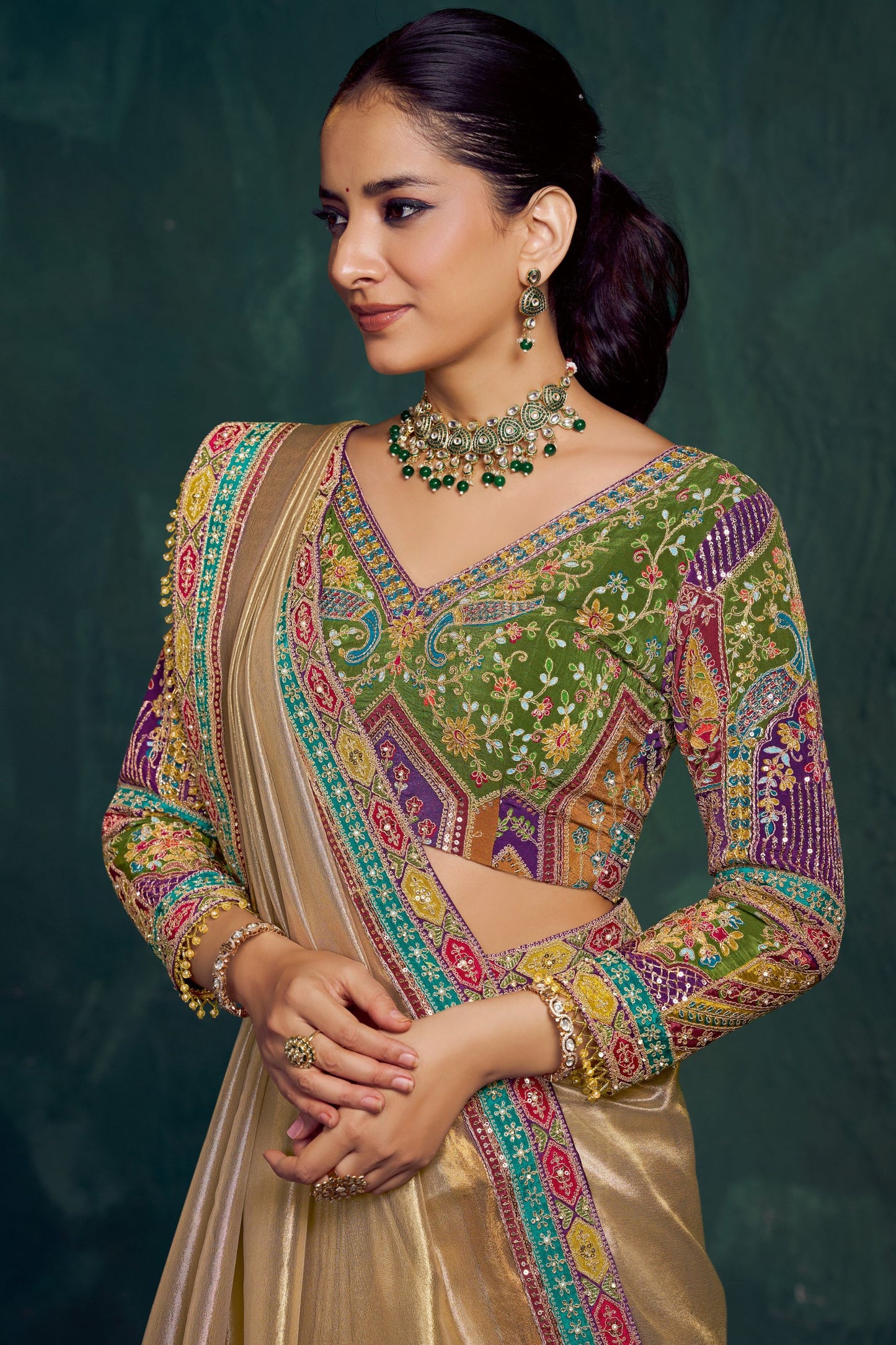 Designer Gold Saree with Colorful Embroidered Border Festive Saree