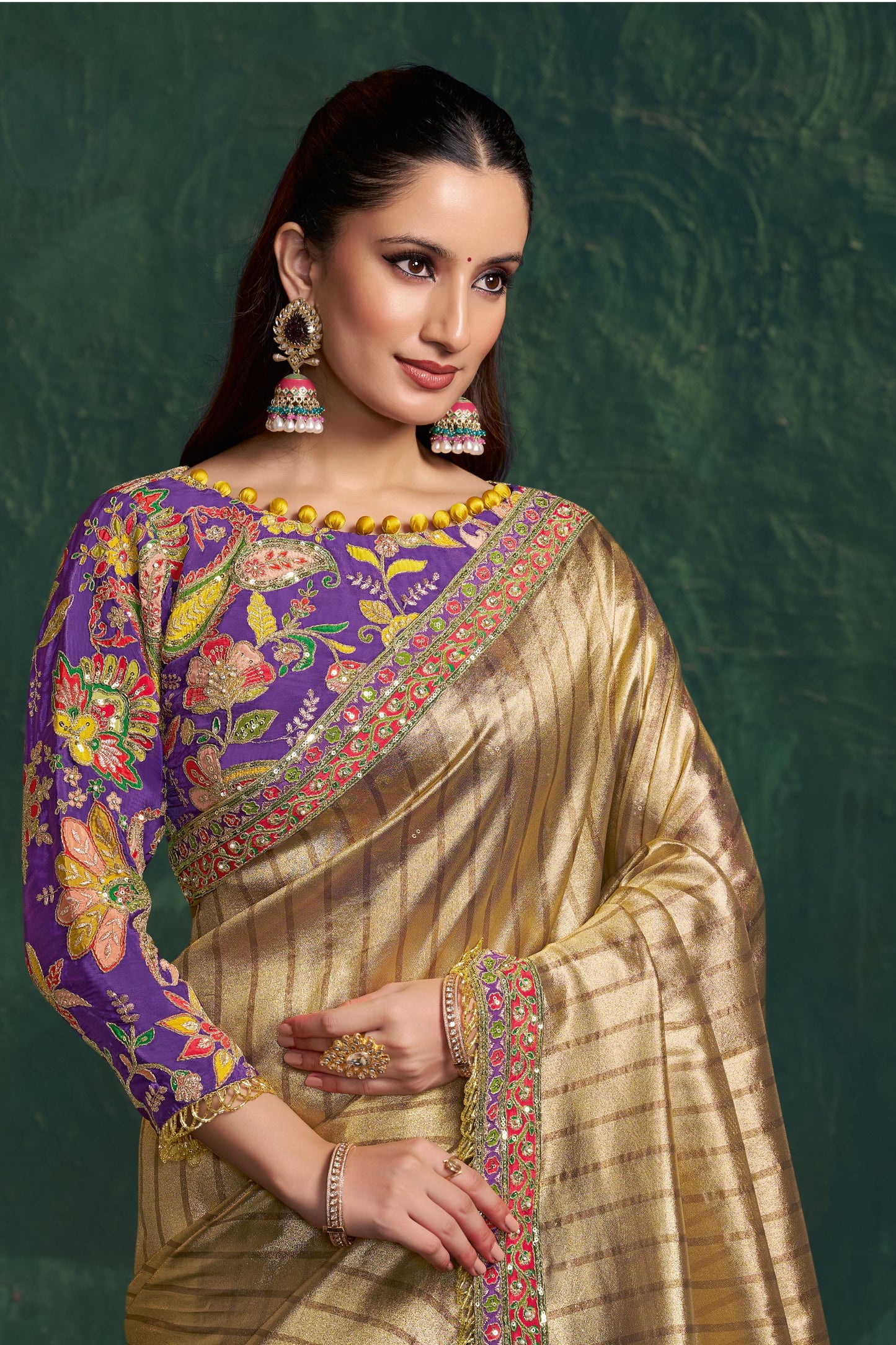 Golden Silk Saree with Checks Embroidered Border Purple Designer Blouse