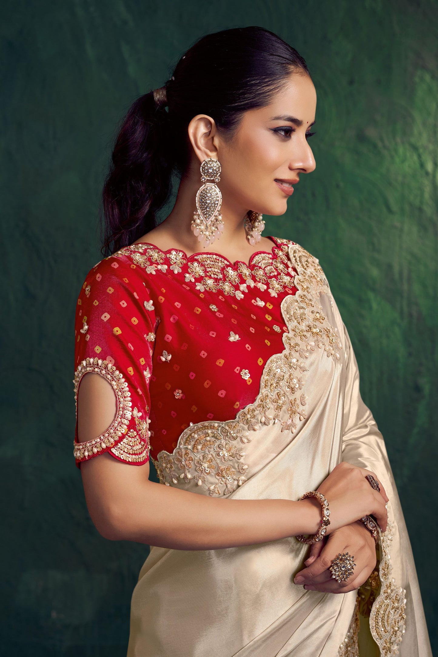 Ivory Silk Saree with Heavy Gold Embroidery Border Red Designer Blouse