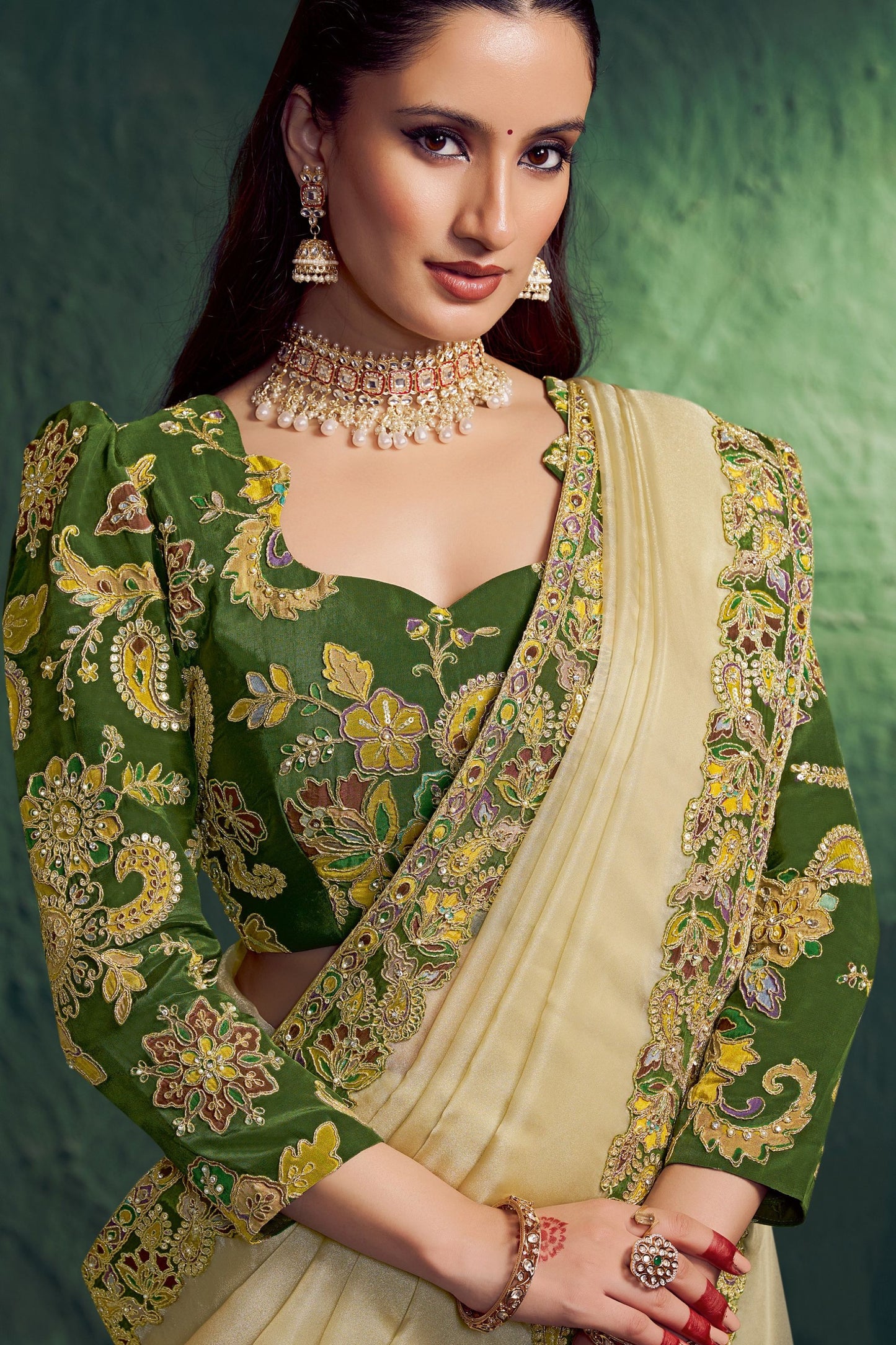 Light Gold Silk Saree with Green Embroidered Designer Blouse