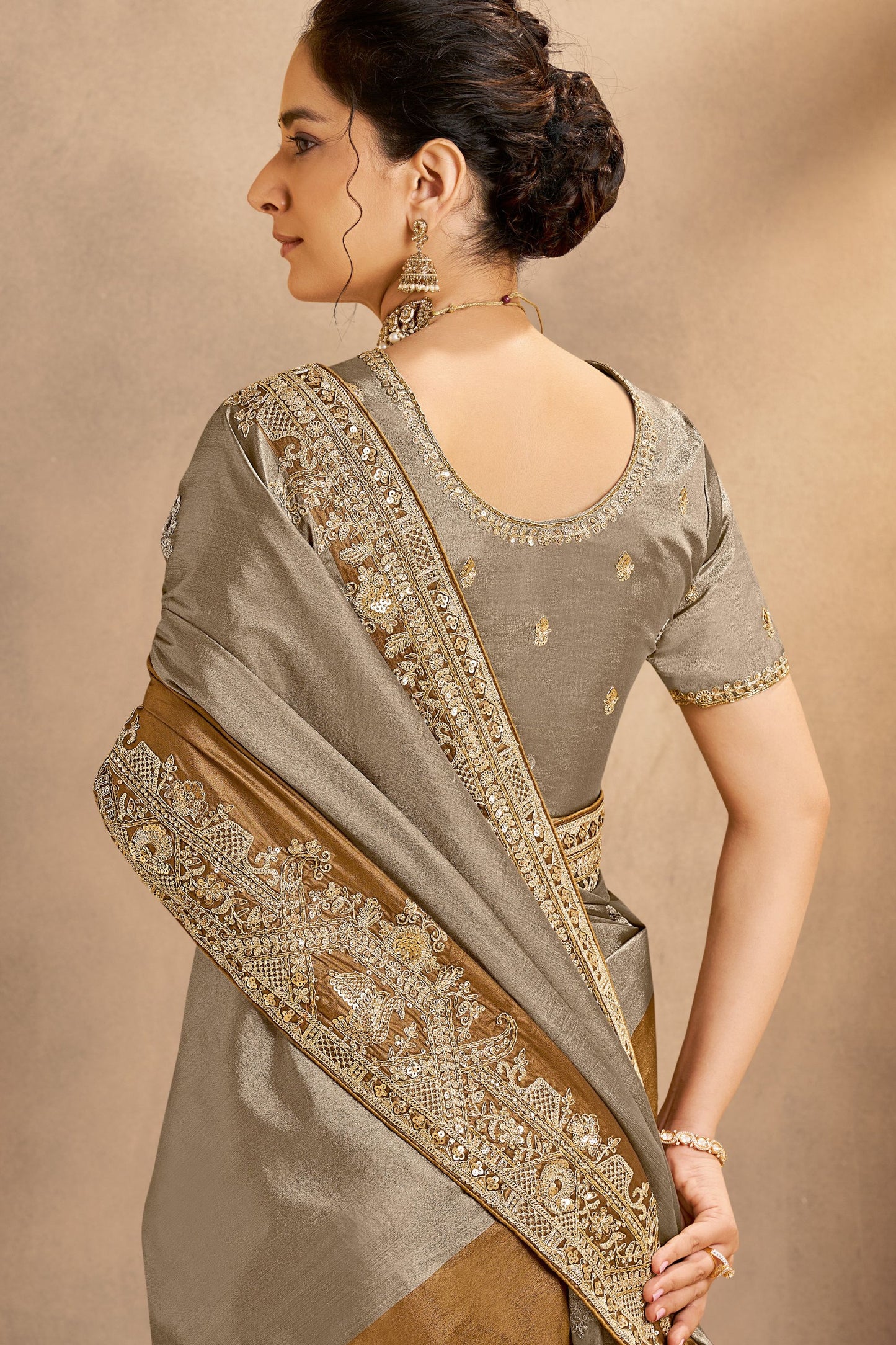 Golden Brown Grey Designer Silk Saree Wedding Wear
