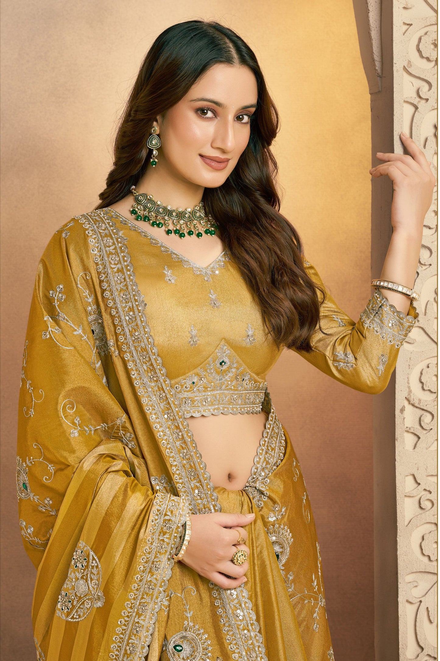 Designer Golden Mustard Silk Saree with Silver Tassel Border