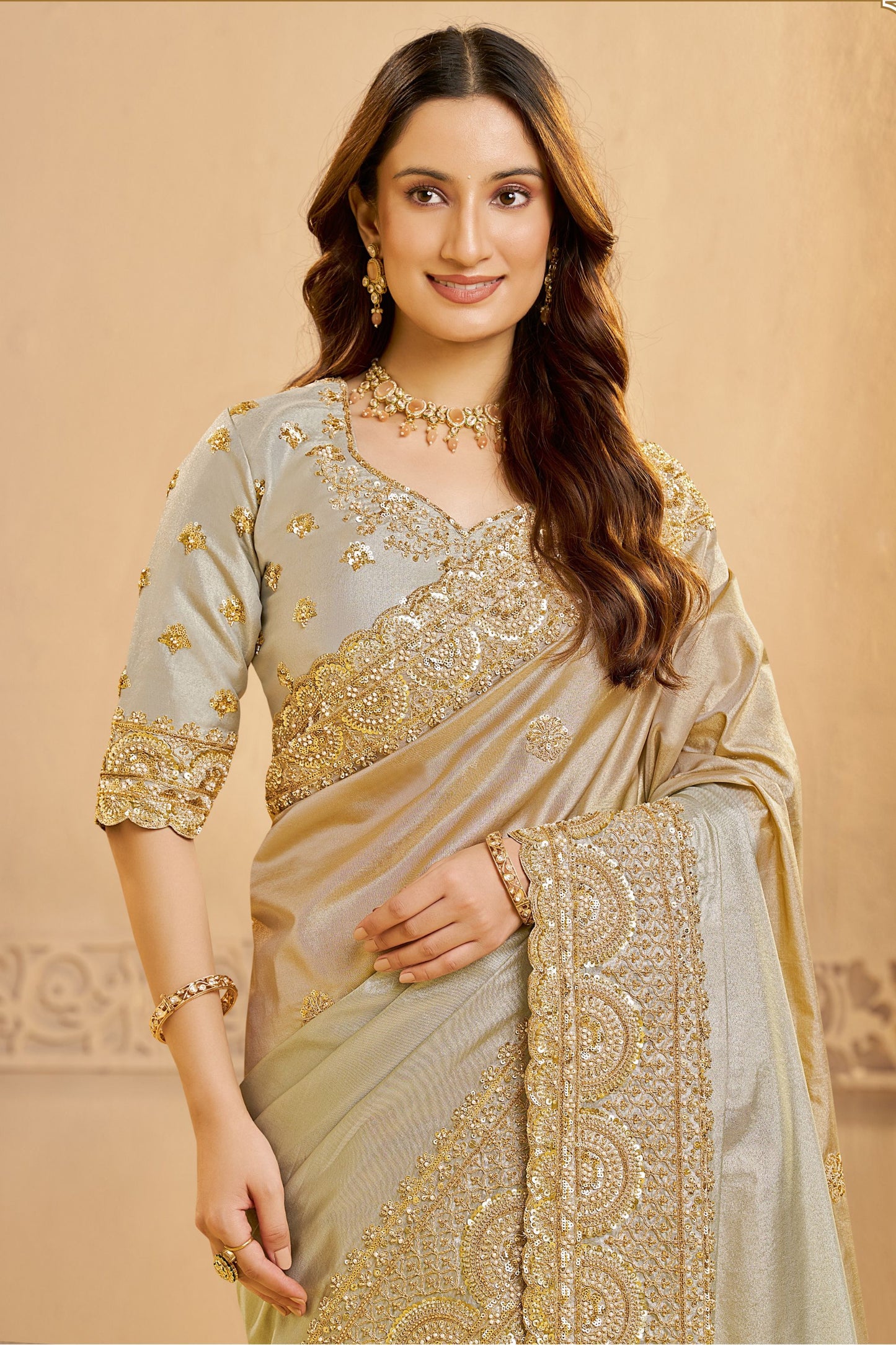 Beige Silk Saree with Golden Embroidery and Designer Blouse