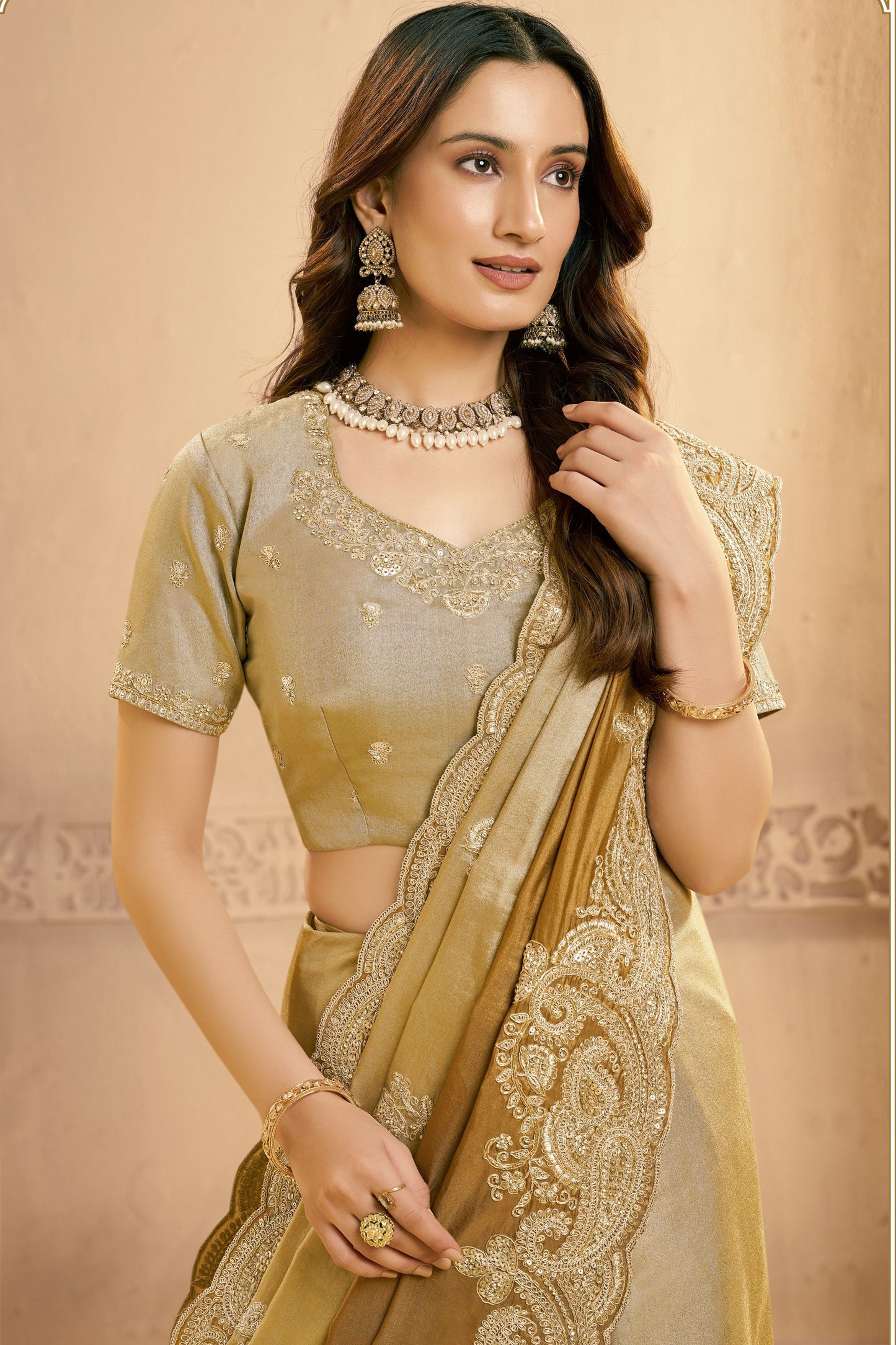 Golden Silk Saree with Heavy Embroidered Border and Designer Blouse
