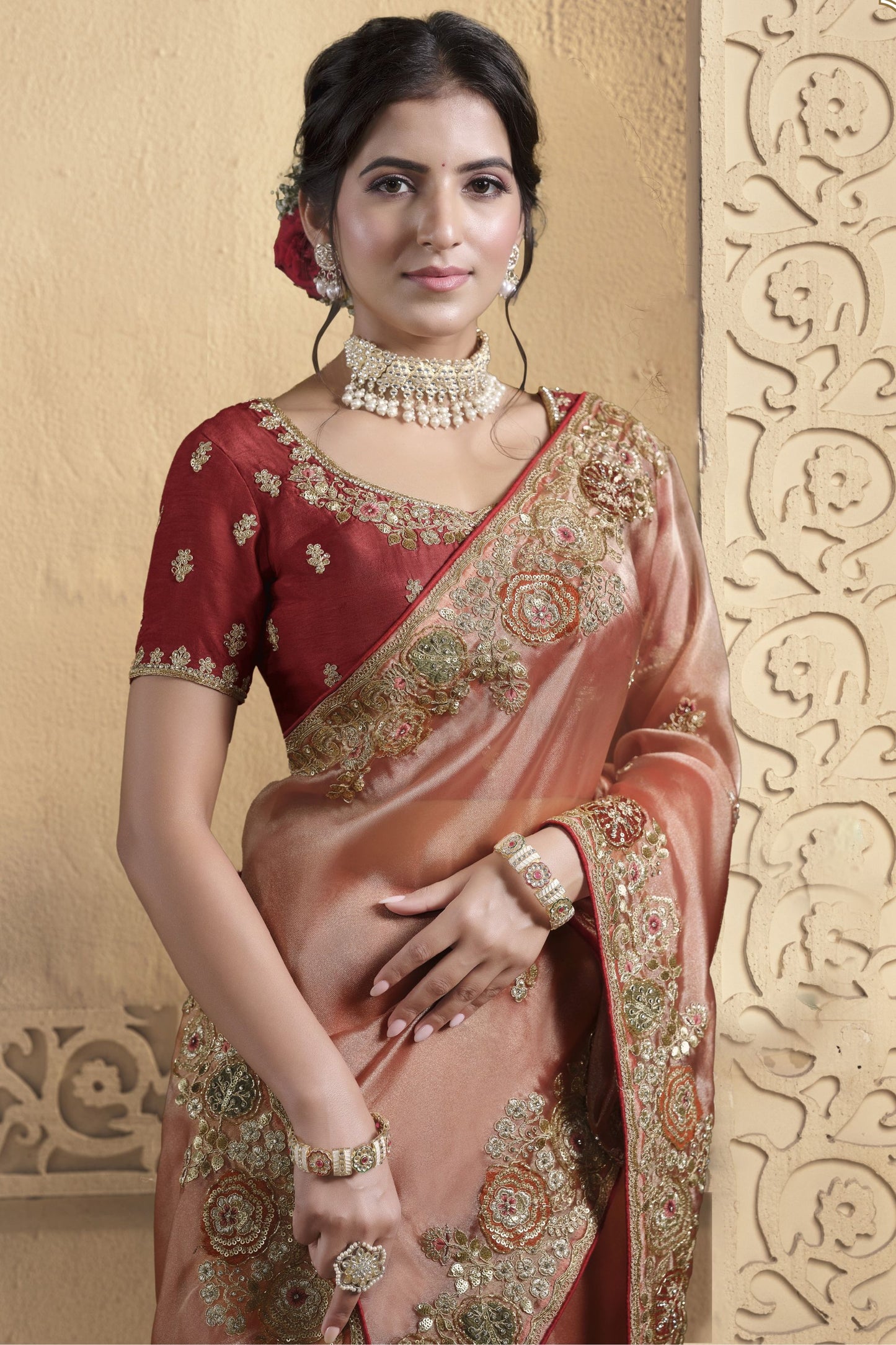 Peach Silk Saree with Golden Zari Embroidery Red Blouse