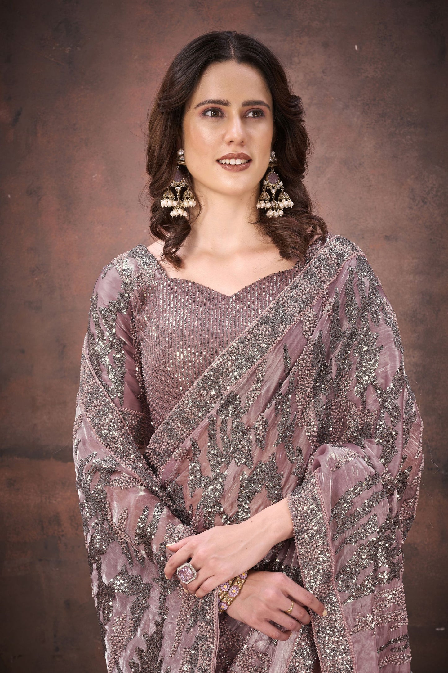 Designer Lavender Jimmy Choo Net Saree Party Wear