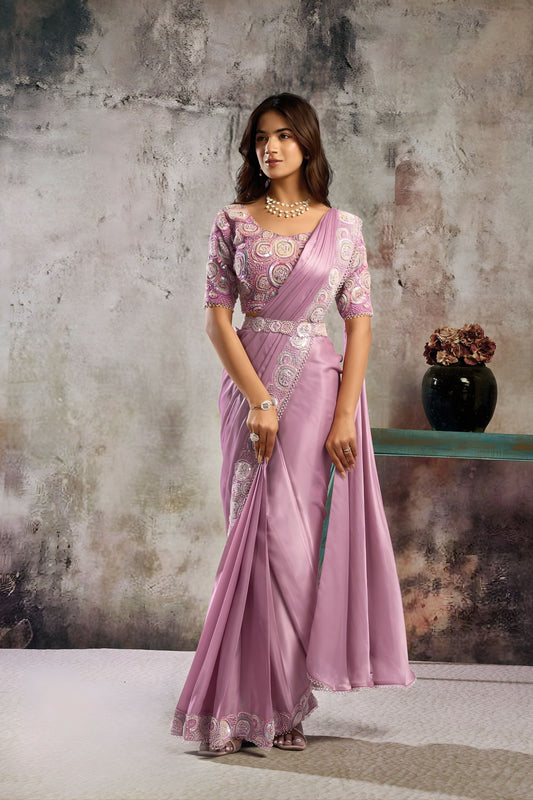 Dusty Pink Designer Saree with Embroidered Blouse Ready To Wear