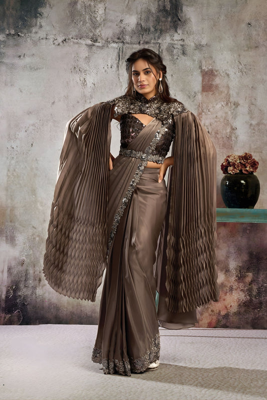 Brown Designer Saree Cape Heavy Embroidered Blouse Ready To Wear