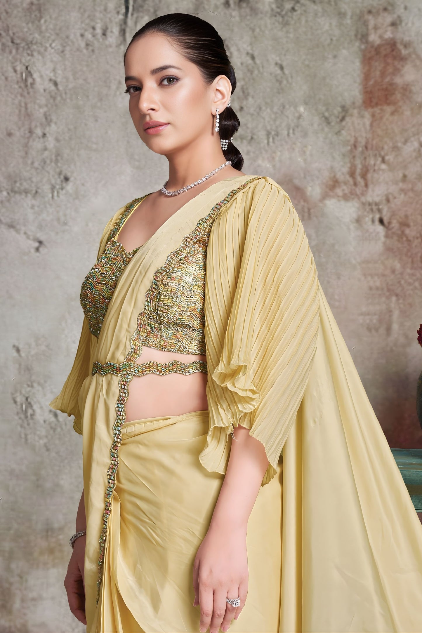 Pastel Yellow Designer Saree Cape Sleeves Embroidered Blouse Ready To Wear