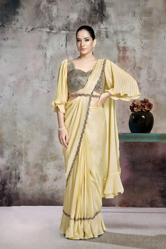 Pastel Yellow Designer Saree Cape Sleeves Embroidered Blouse Ready To Wear