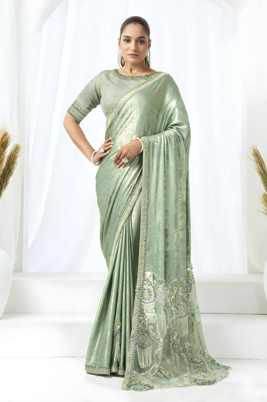 Mint Green Shimmer Saree Sequin Embroidered Net Pallu