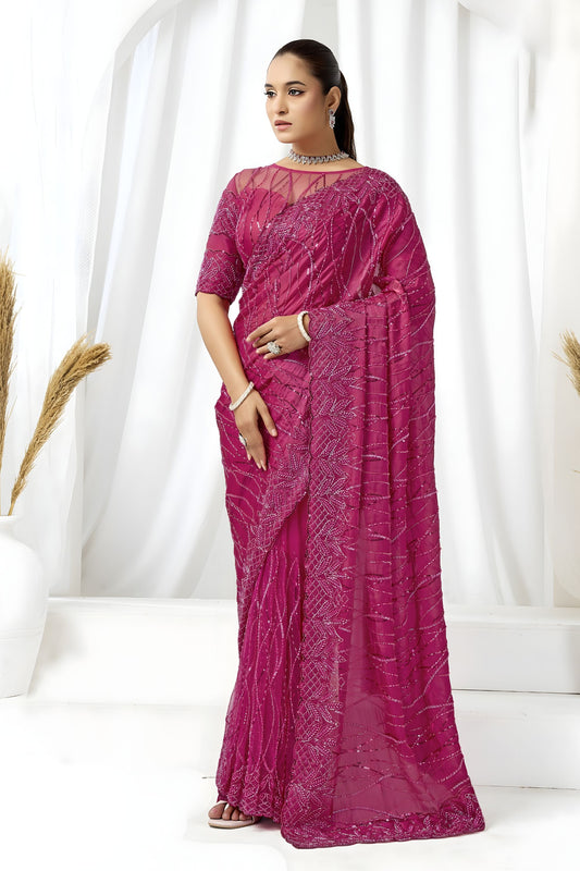 Rani Pink Sequin Embroidered Net Saree with Designer Blouse