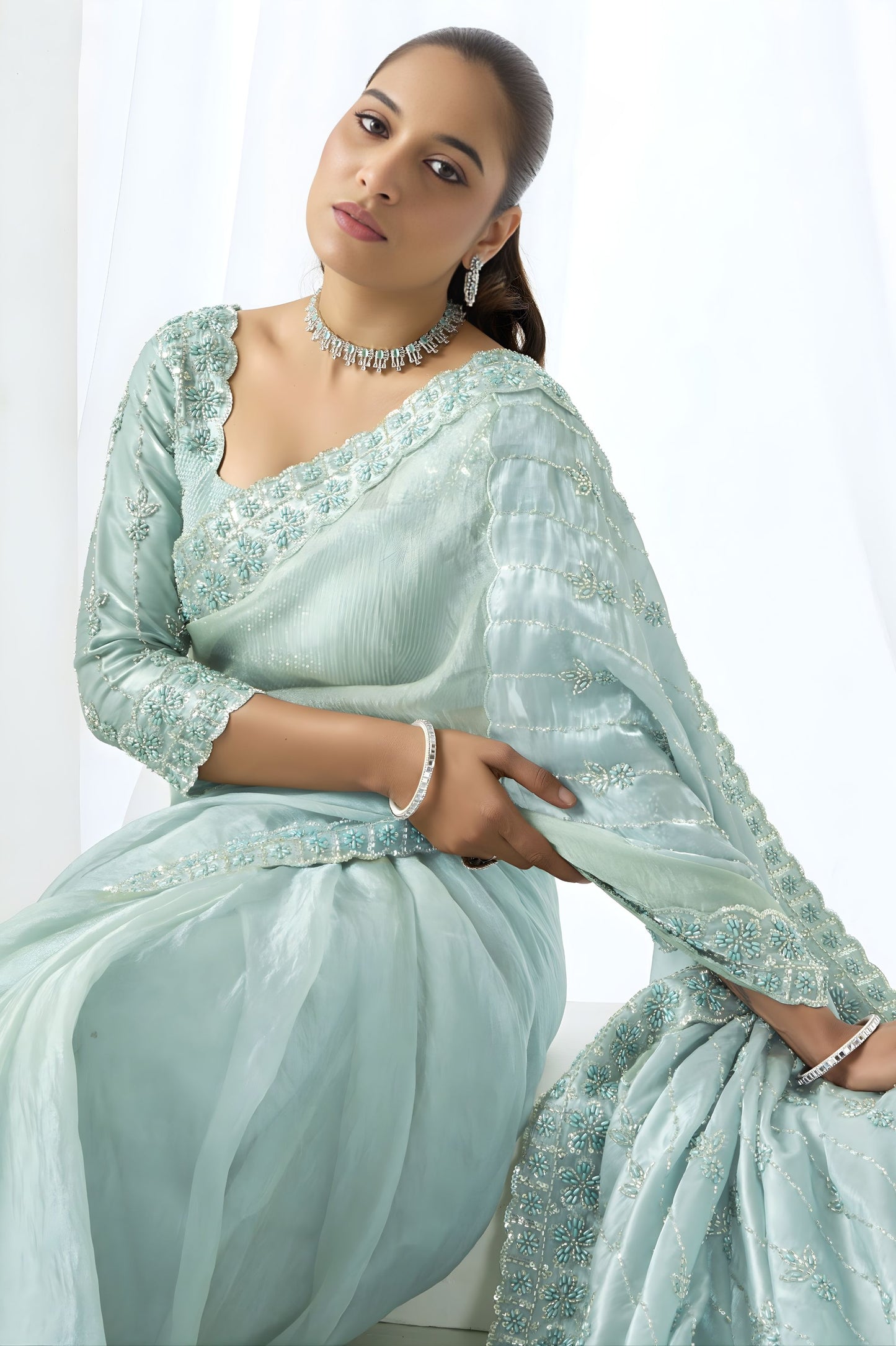 Mint Green Embroidered Organza Silk Saree with Designer Blouse