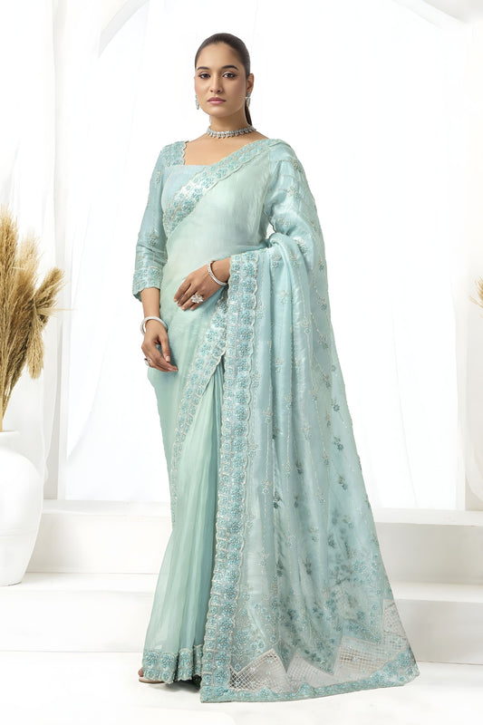 Mint Green Embroidered Organza Silk Saree with Designer Blouse