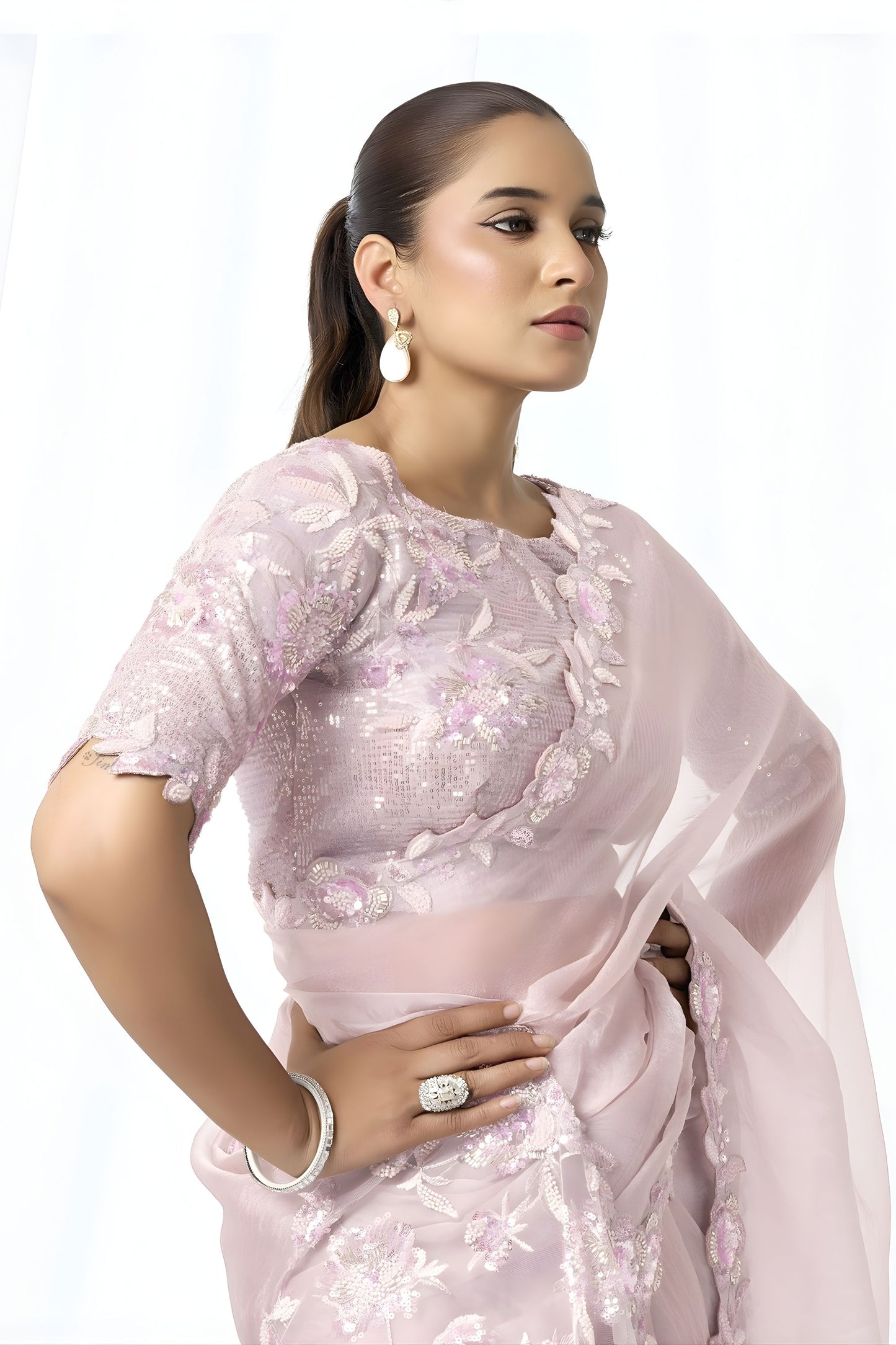 Pastel Lavender Organza Saree Floral Embroidery Designer Blouse
