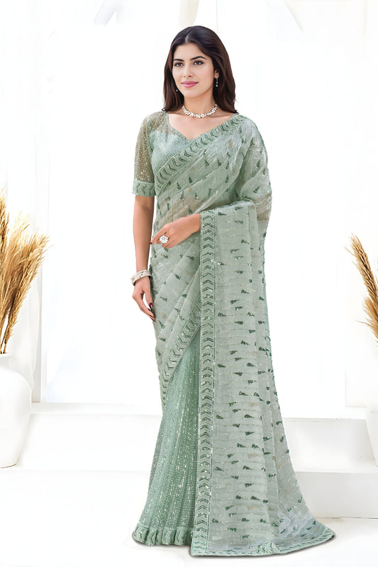 Sea Green Sequin Embroidered Designer Saree with Blouse