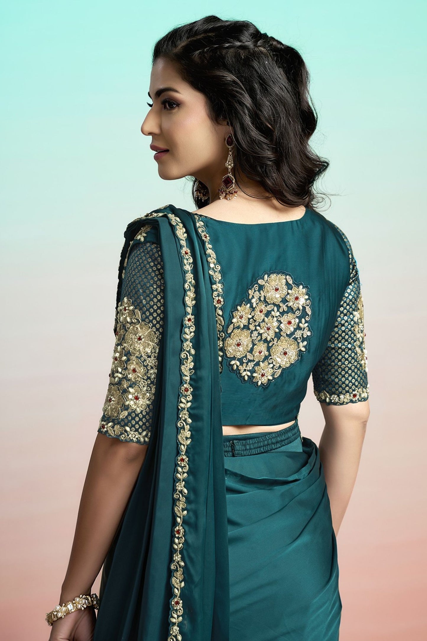 Teal Green Satin Designer Saree with Heavy Embroidered Blouse
