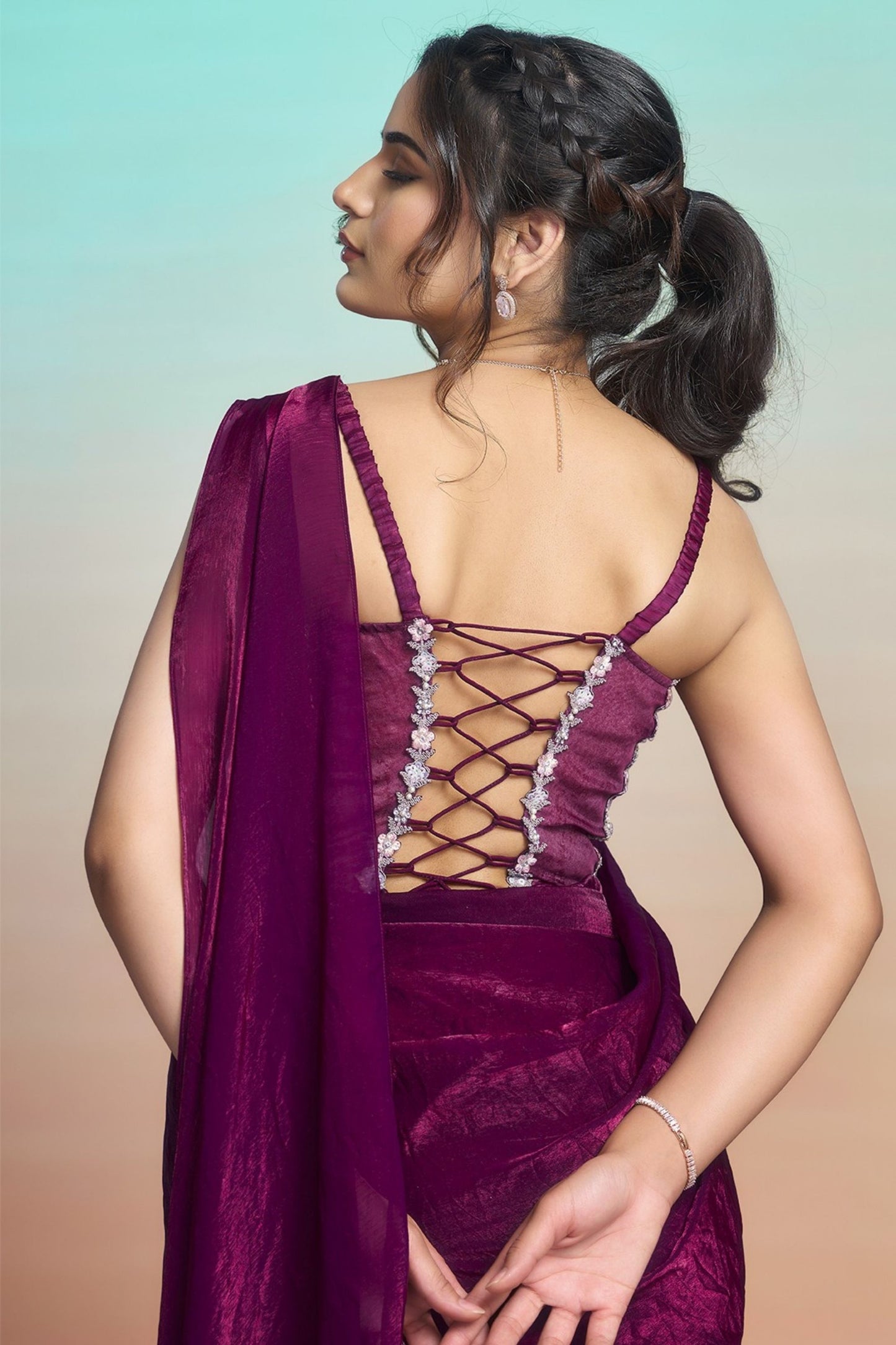 Wine Purple Satin Designer Saree with Embroidered Blouse Jacket