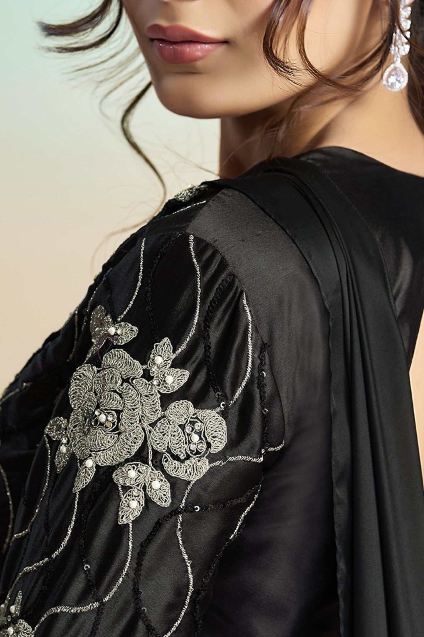 Black Satin Designer Saree with Heavy Embroidered Blouse
