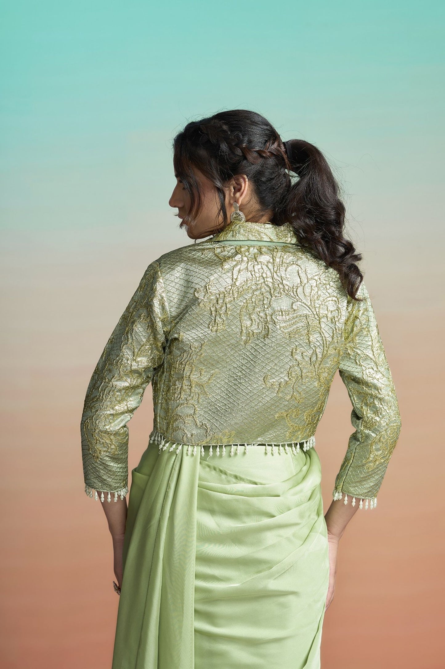 Elegant Pista Green Satin Designer Saree with Stylish Jacket
