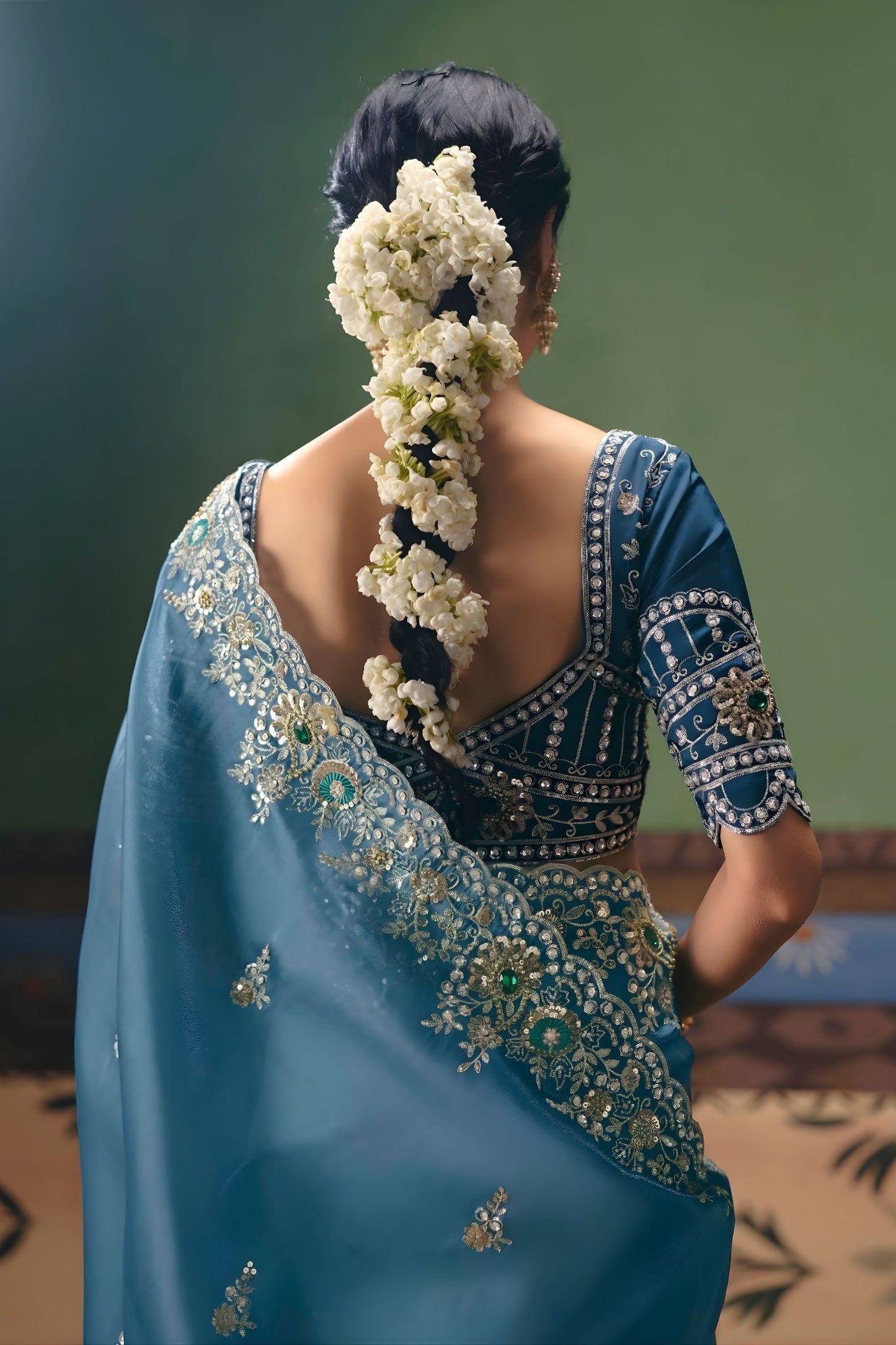 Teal Blue Organza Saree Heavy Silver Zari Embroidery Border Designer Blouse
