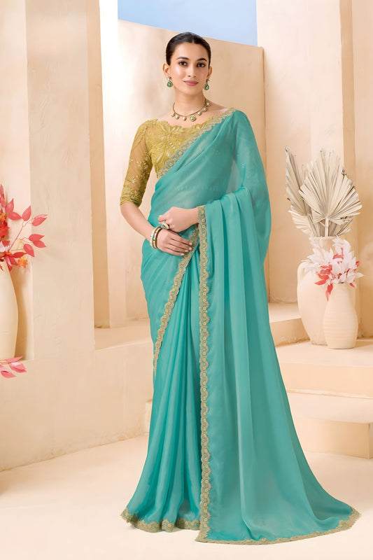 Sea Green Designer Saree with Golden Embroidered Blouse