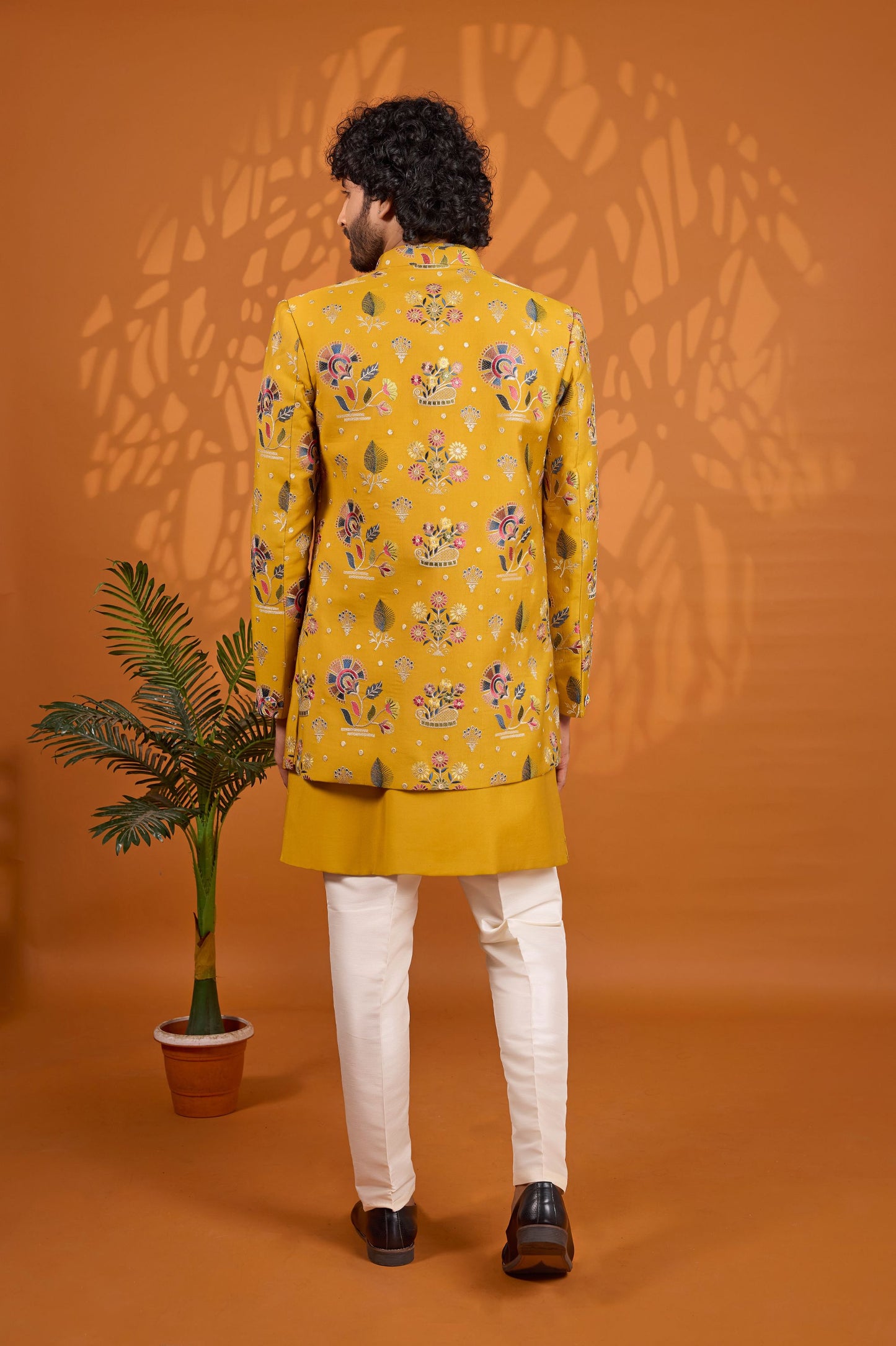 Stunning Mustard Yellow Floral Printed Indo Western Sherwani With Designer Jacket