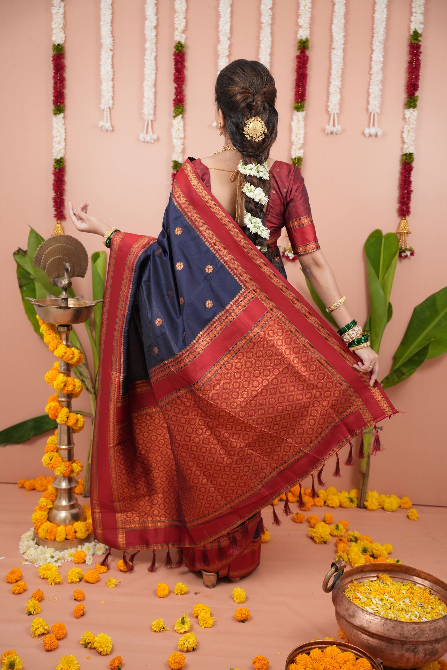 Navy Blue Silk Saree Red Woven Border Traditional Design