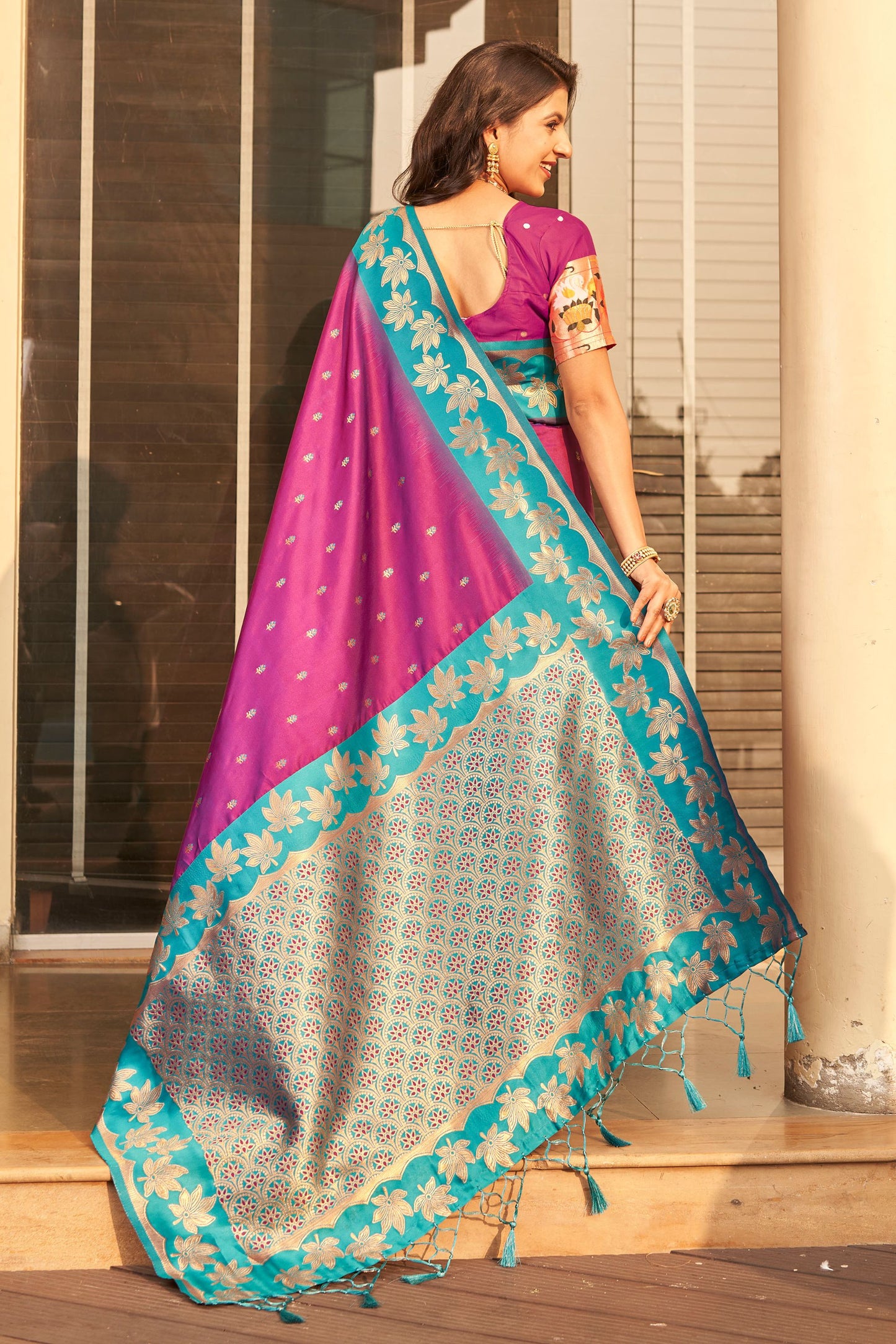 Magenta Silk Saree with Teal Green Contrast Border Floral Zari Work