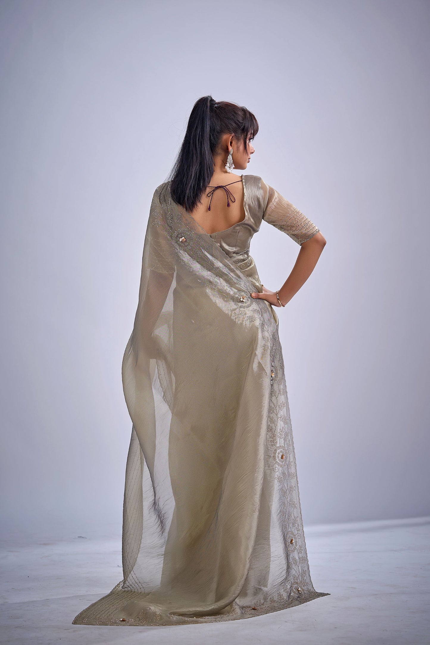 Light Gold Tissue Silk Saree with Zari Border Designer Blouse