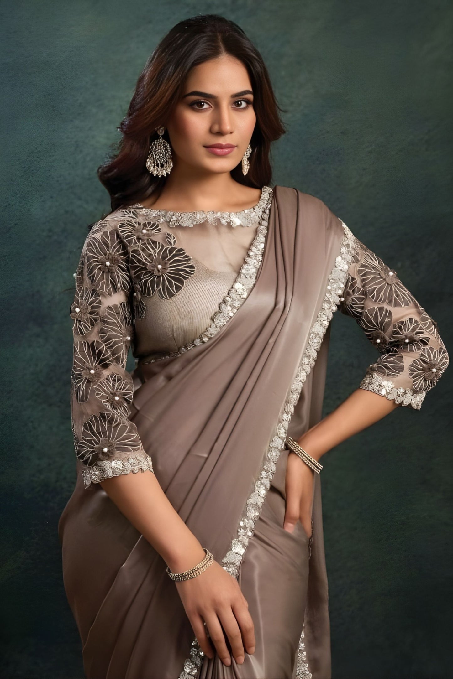 Grey Designer Georgette Saree with Silver Embroidered Border