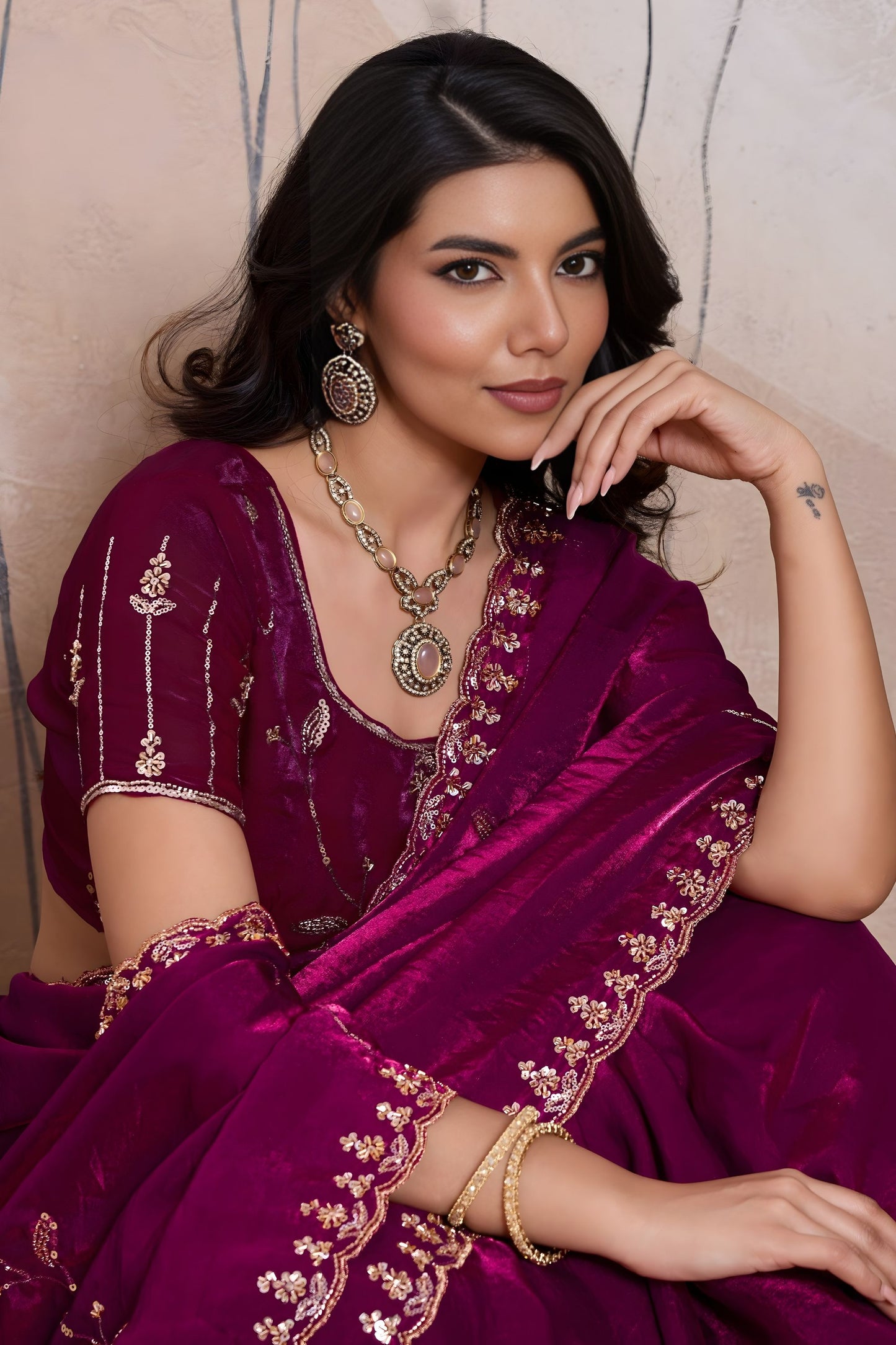Wine Magenta Silk Saree Golden Zari Embroidery Border Matching Blouse