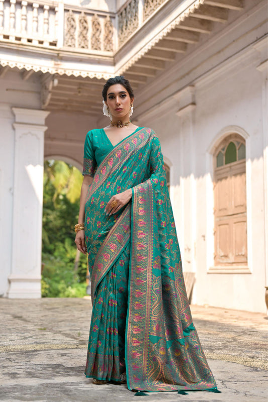 Green Silk Saree Pink Paisley Border Floral Weaving Traditional Saree