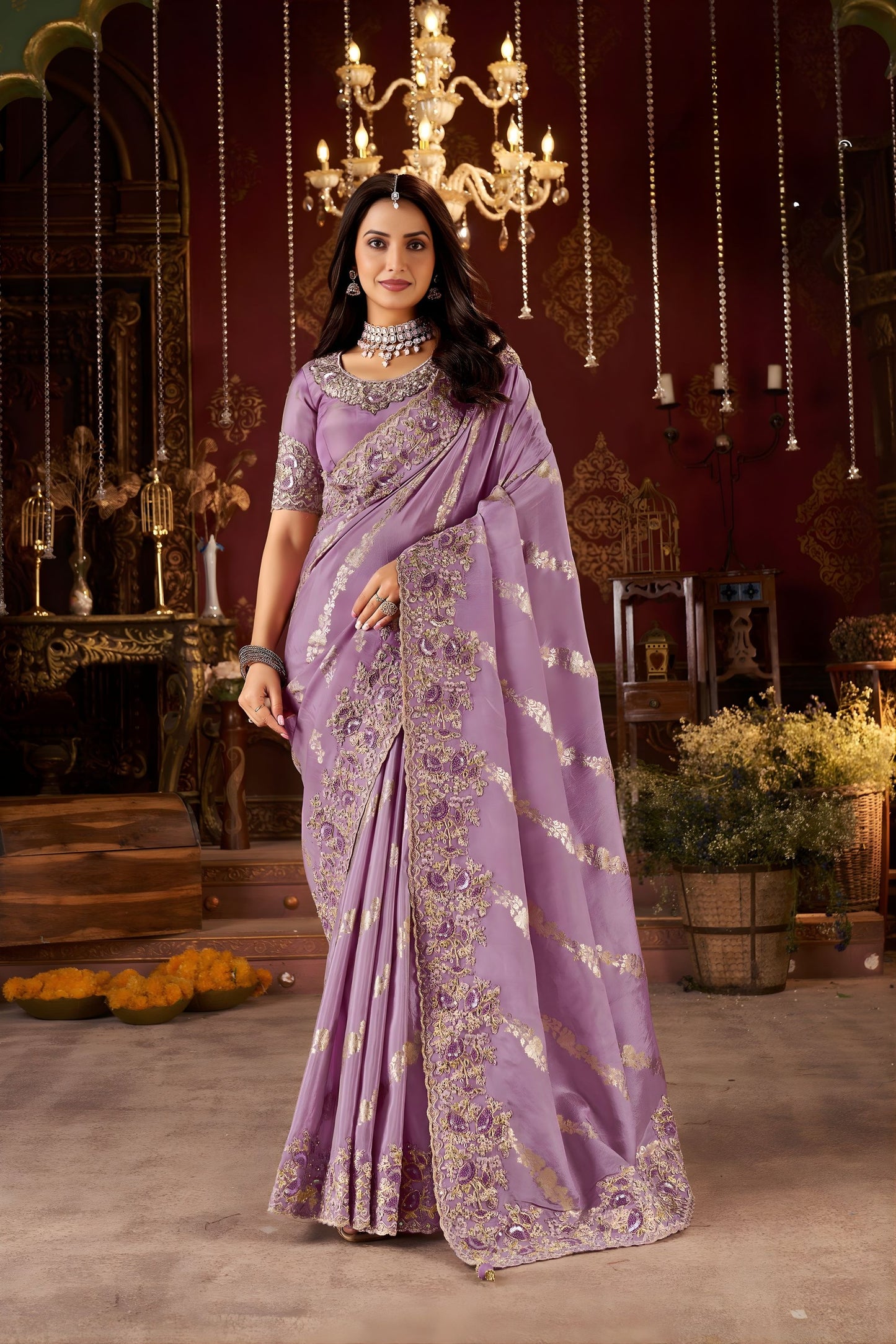 Lavender Purple Embroidered Designer Saree with Heavy Gold Work