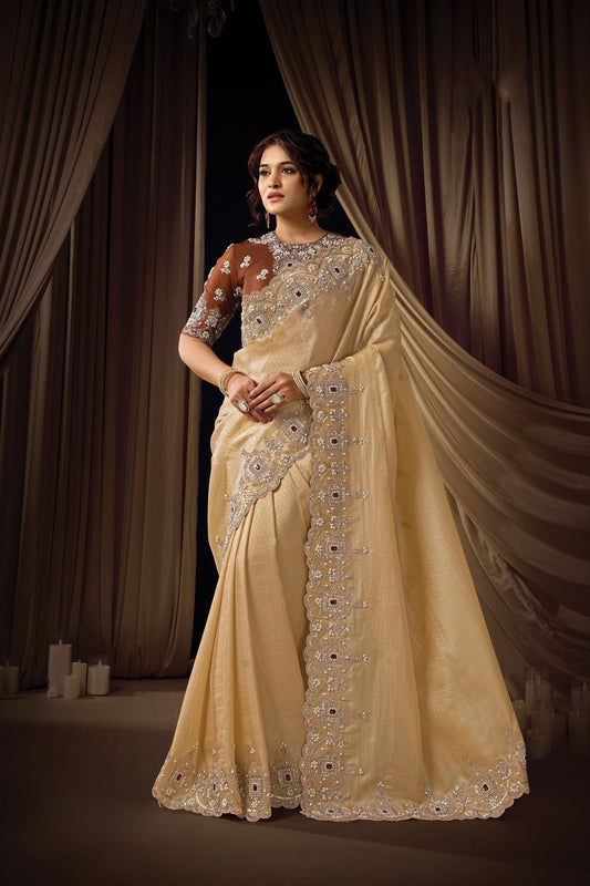 Beige Gold Embroidered Designer Saree Heavy Border Blouse