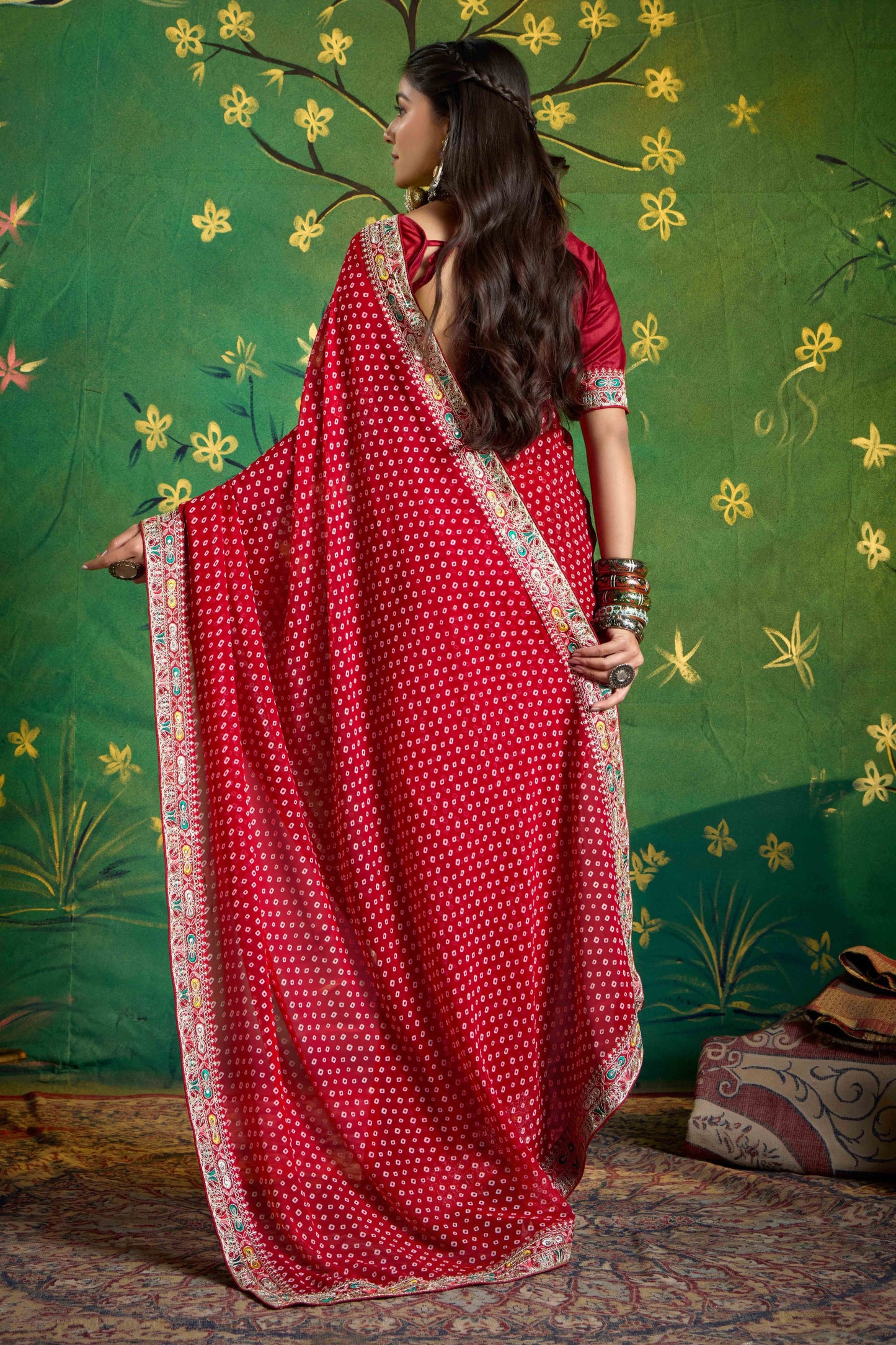 Red Bandhani Saree and Designer Blouse Festive Wear