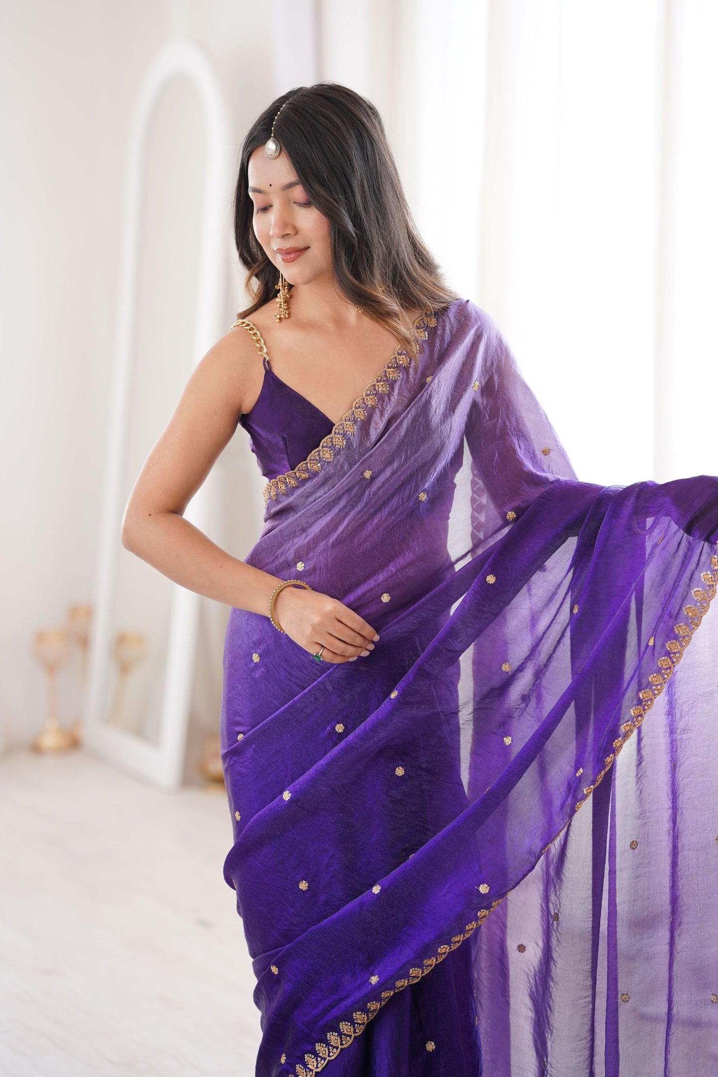 Royal Purple Organza Saree Golden Butti Work Embroidered Border