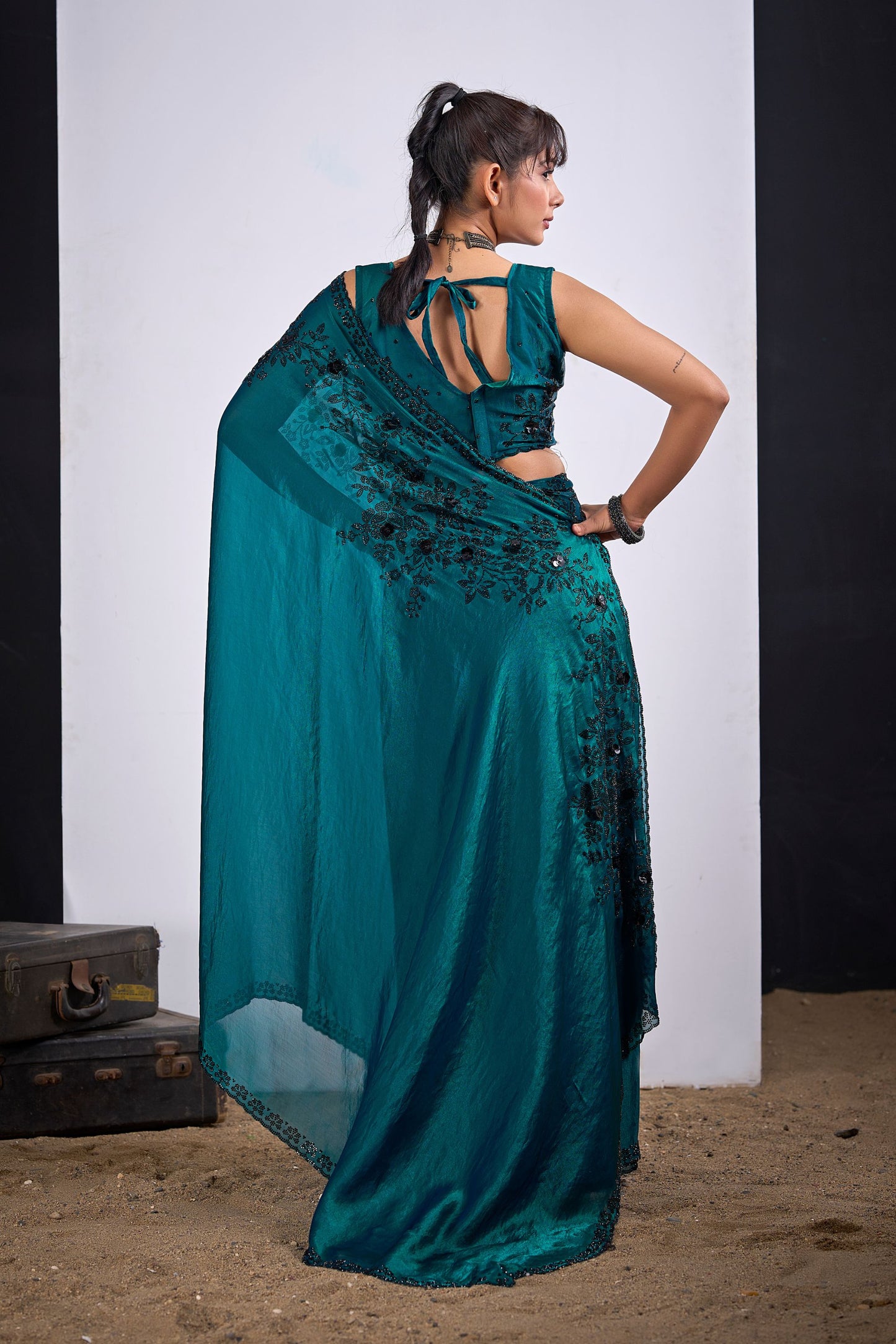 Teal Green Organza Saree Black Floral Embroidery Designer Saree