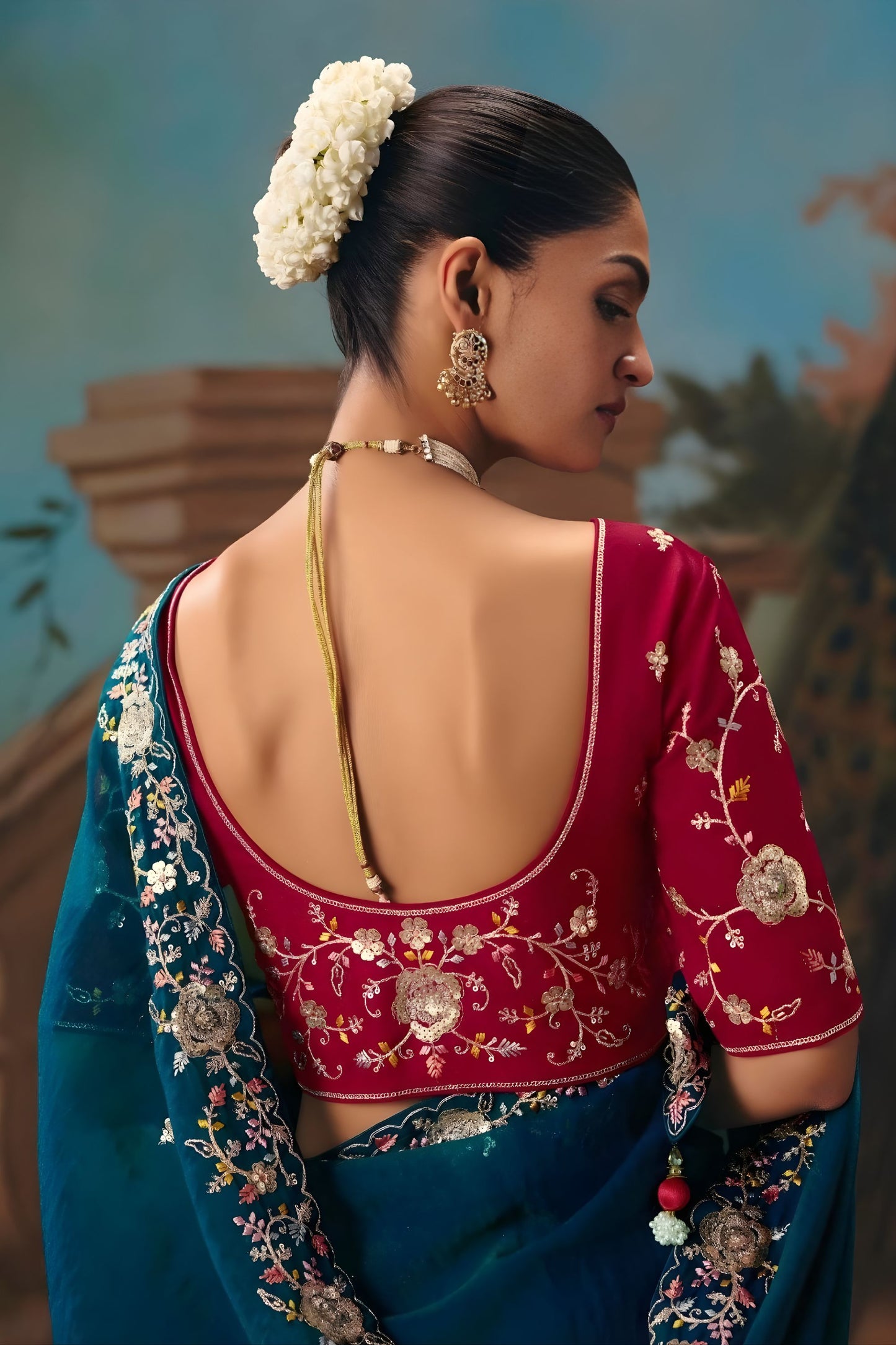 Teal Blue Embroidered Silk Saree with Contrast Blouse