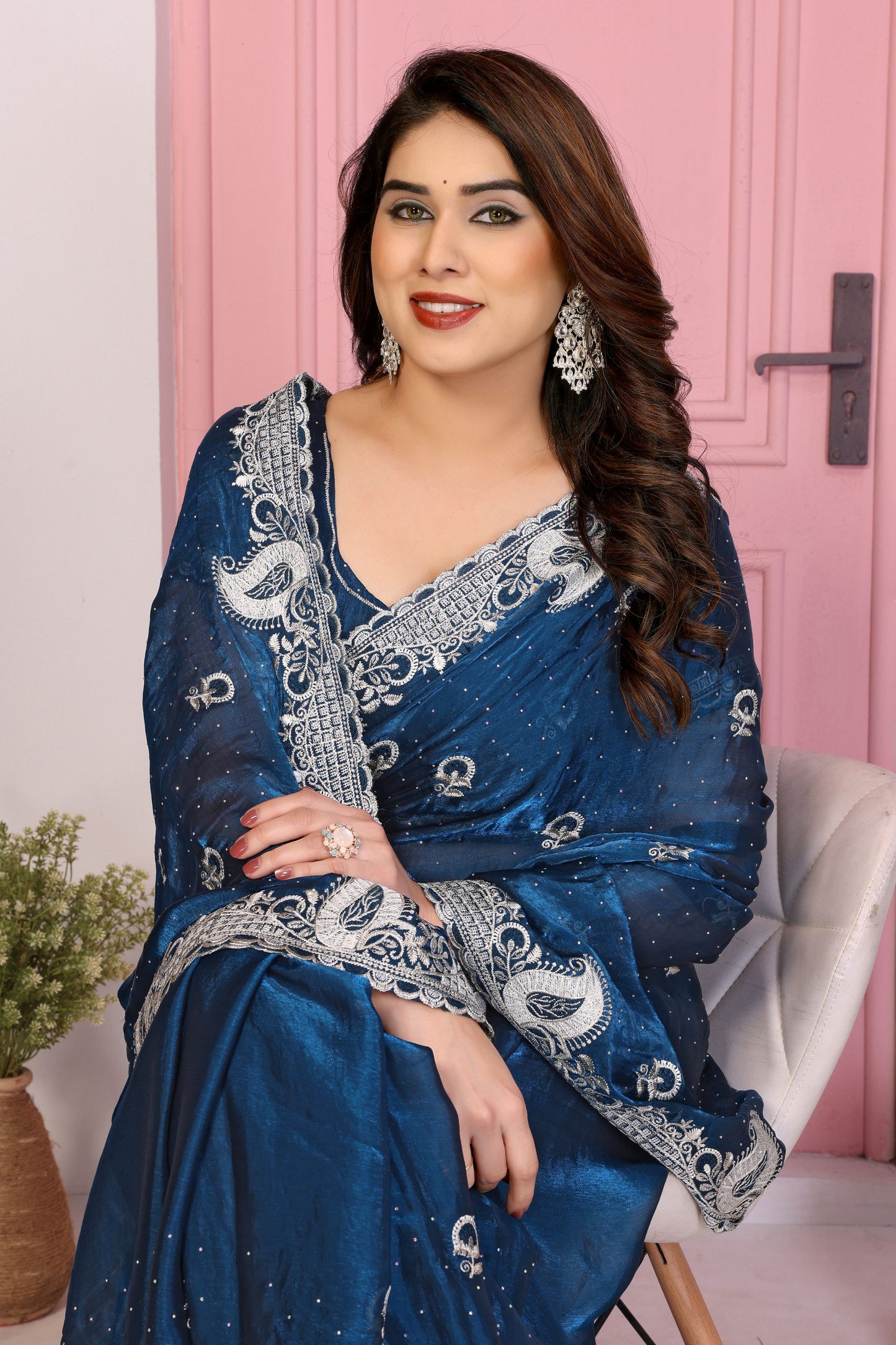 Designer Navy Blue Georgette Saree Party Wear