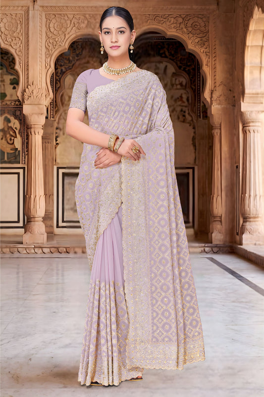 Stylish Lavender Soft Silk Saree Gold Zari Weaving Rich Border for Wedding