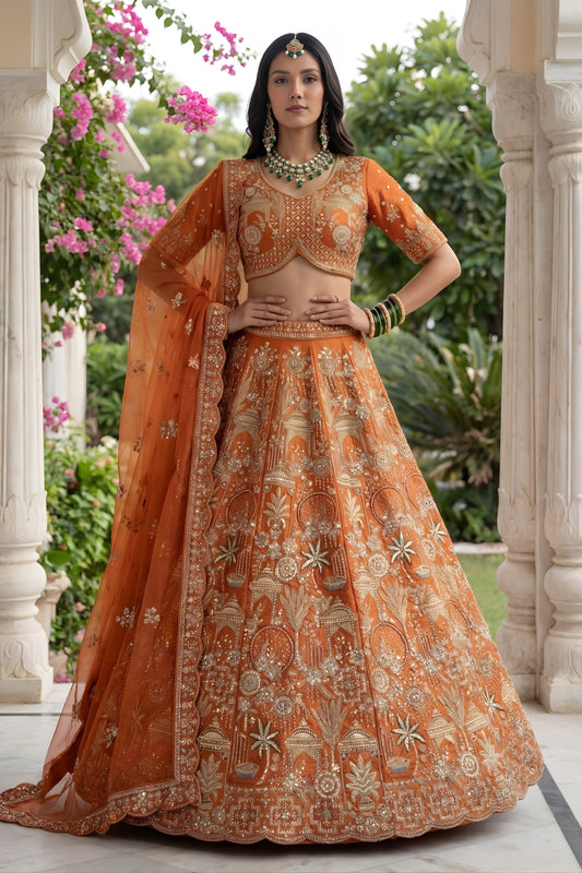 Fancy Orange Silk Heavy Embroidered Bridal Lehenga Choli with Net Dupatta for Wedding