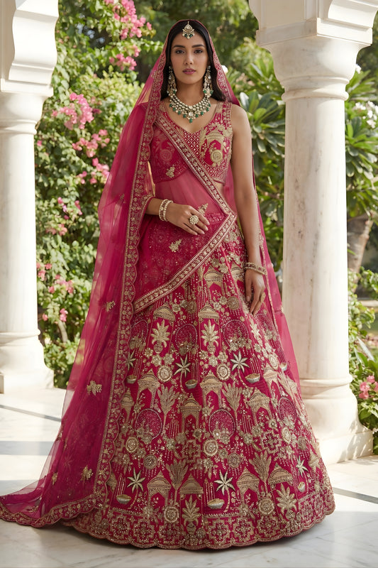 Stylish Rani Pink Silk Heavy Embroidered Bridal Lehenga Choli with Net Dupatta for Wedding